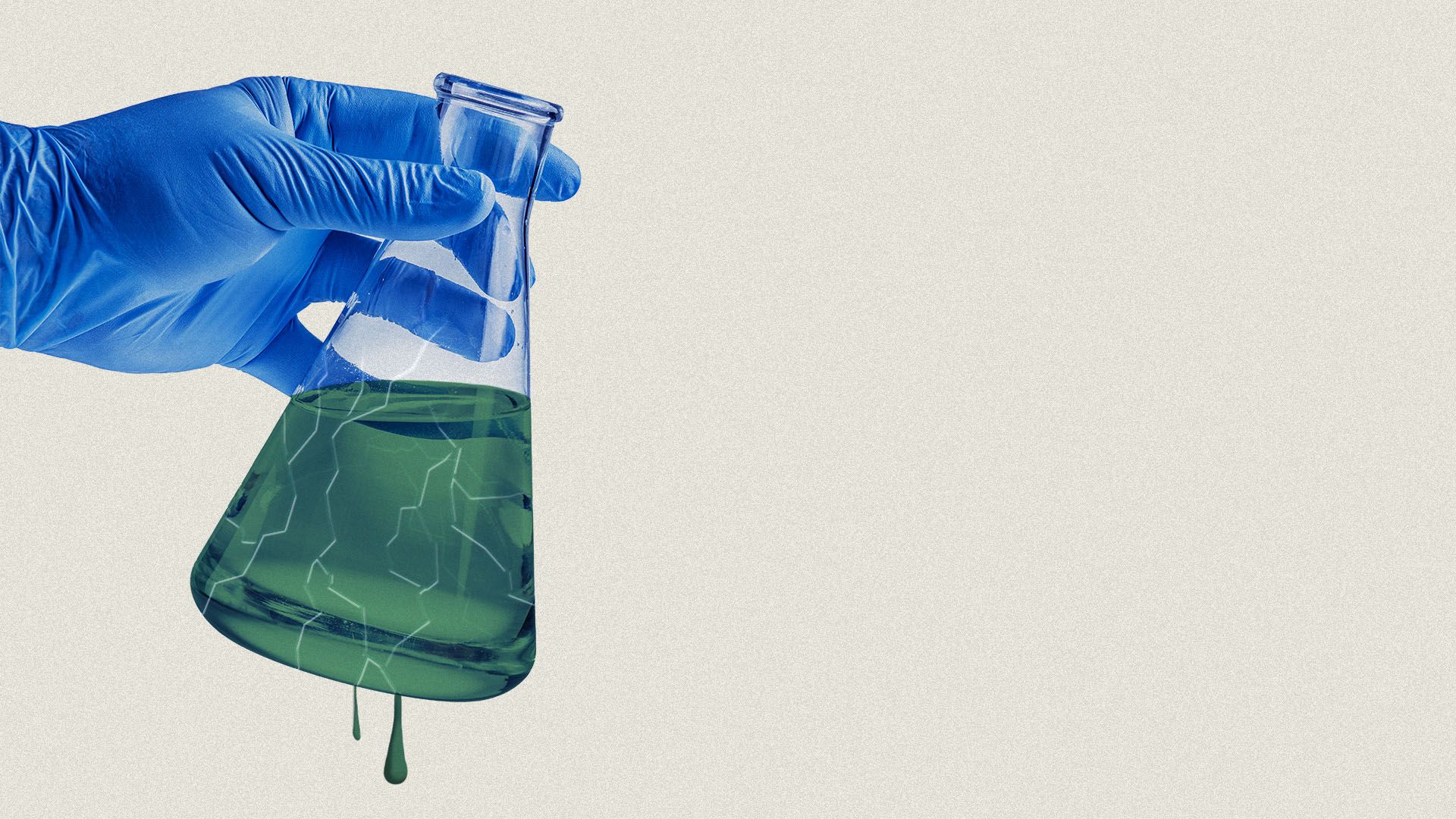 Illustration of a hand holding a cracked and leaking glass pipette.