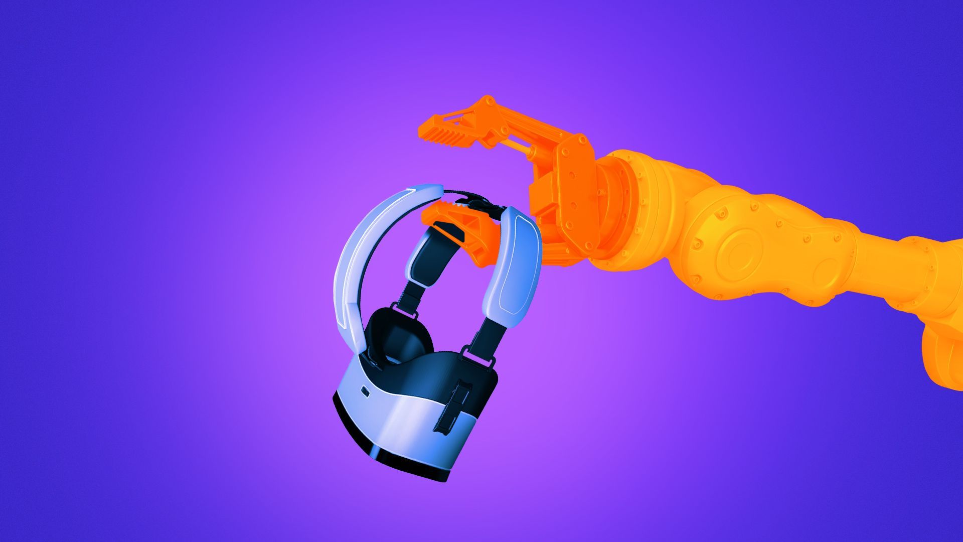 Illustration of a manufacturing robot claw holding up a pair of mixed reality goggles. 