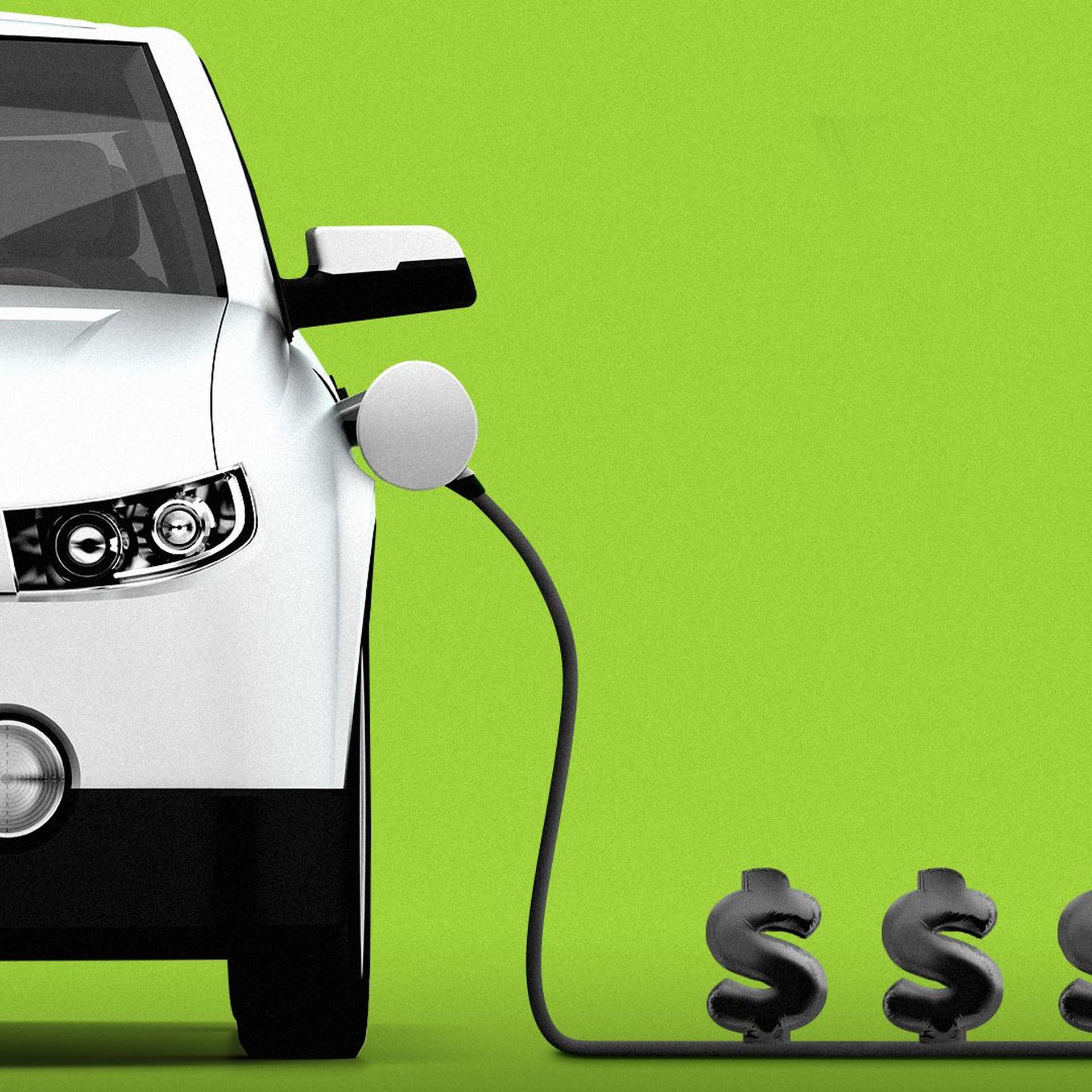 Illustration of an electric vehicle plugged in, the charging wire has dollar bill signs running inside of it towards the car. 