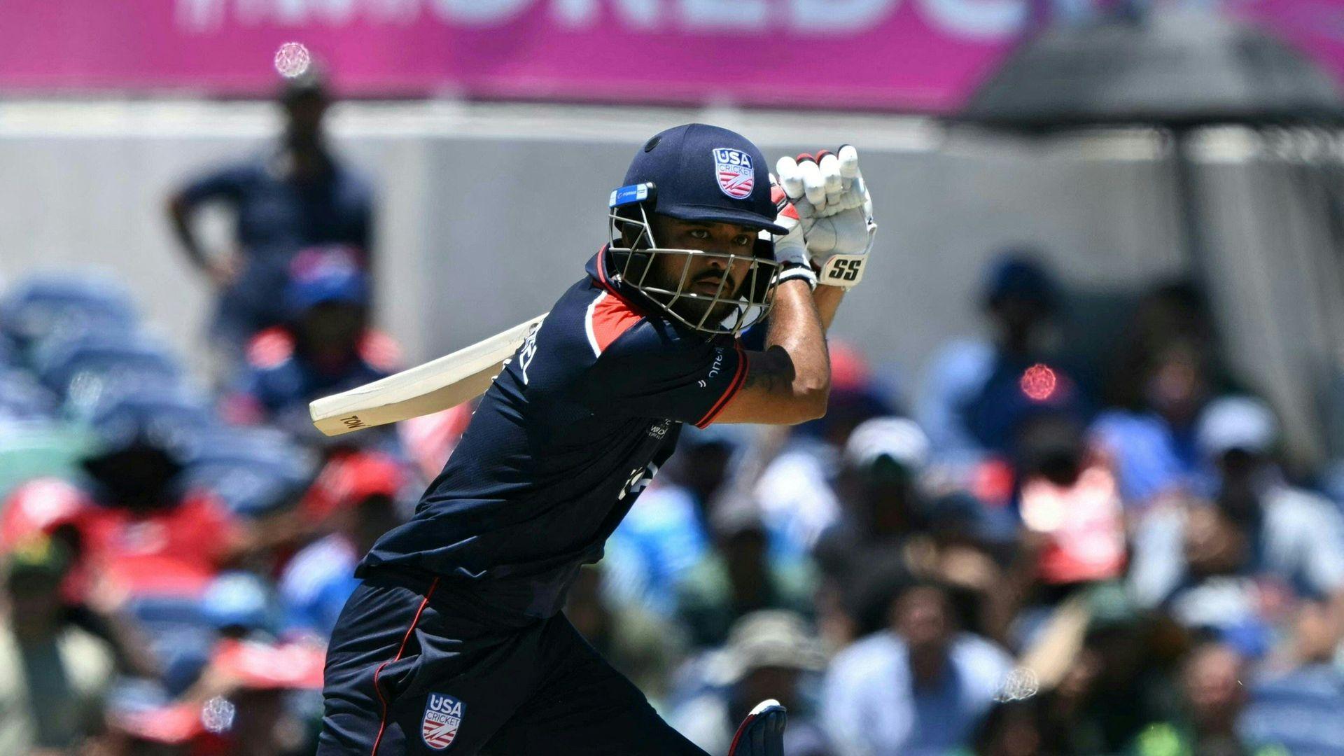 USA's Captain Monank Patel plays a shot during the ICC men's Twenty20 World Cup 2024 group A cricket match between the USA and Pakistan at the Grand Prairie Cricket Stadium in Grand Prairie, Texas