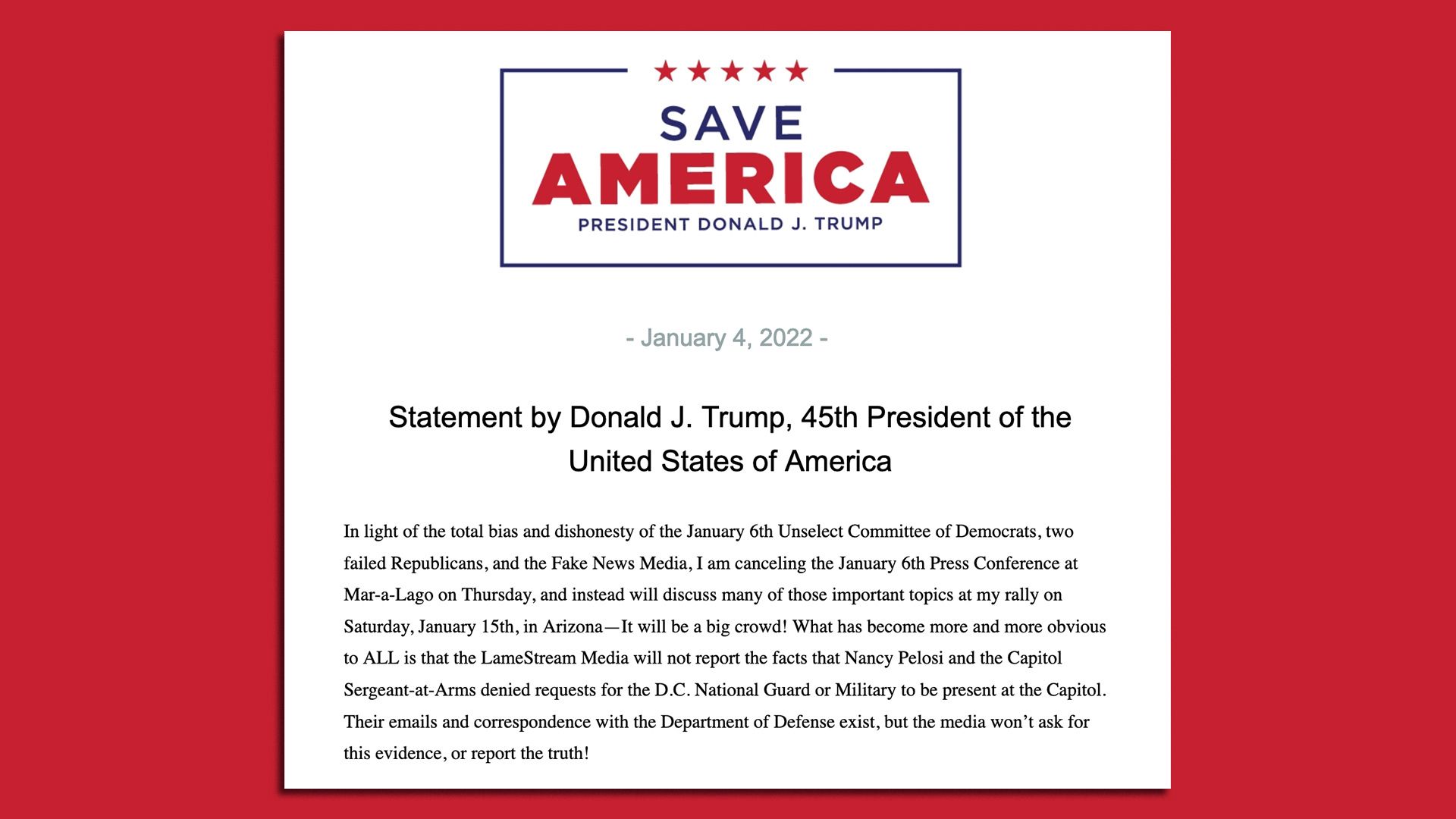 A screenshot shows a statement from former President Trump.