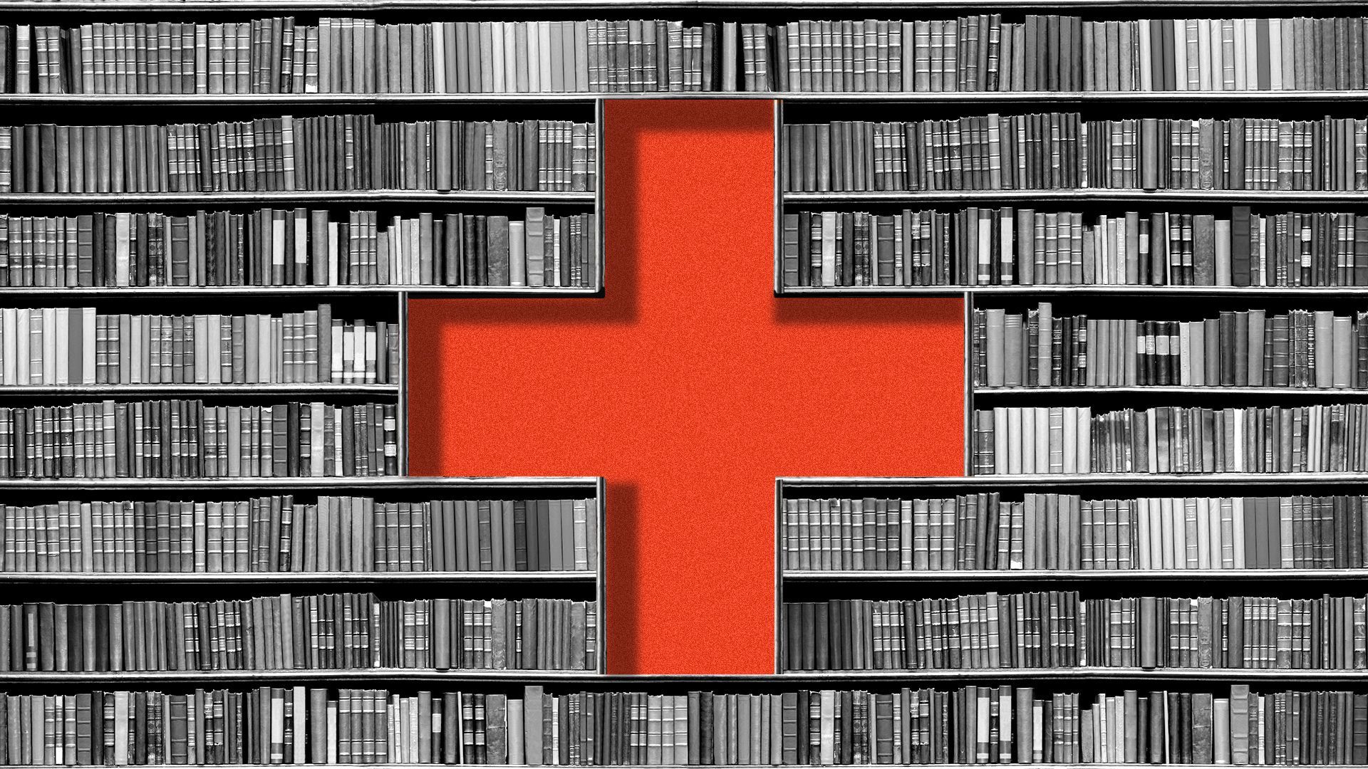 Illustration of a book shelf with a health plus made from negative space.