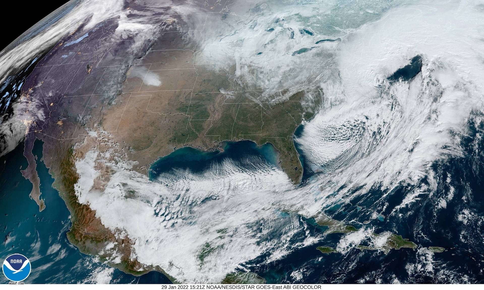 Satellite image showing a powerful blizzard on the East Coast on Jan. 29, 2022.