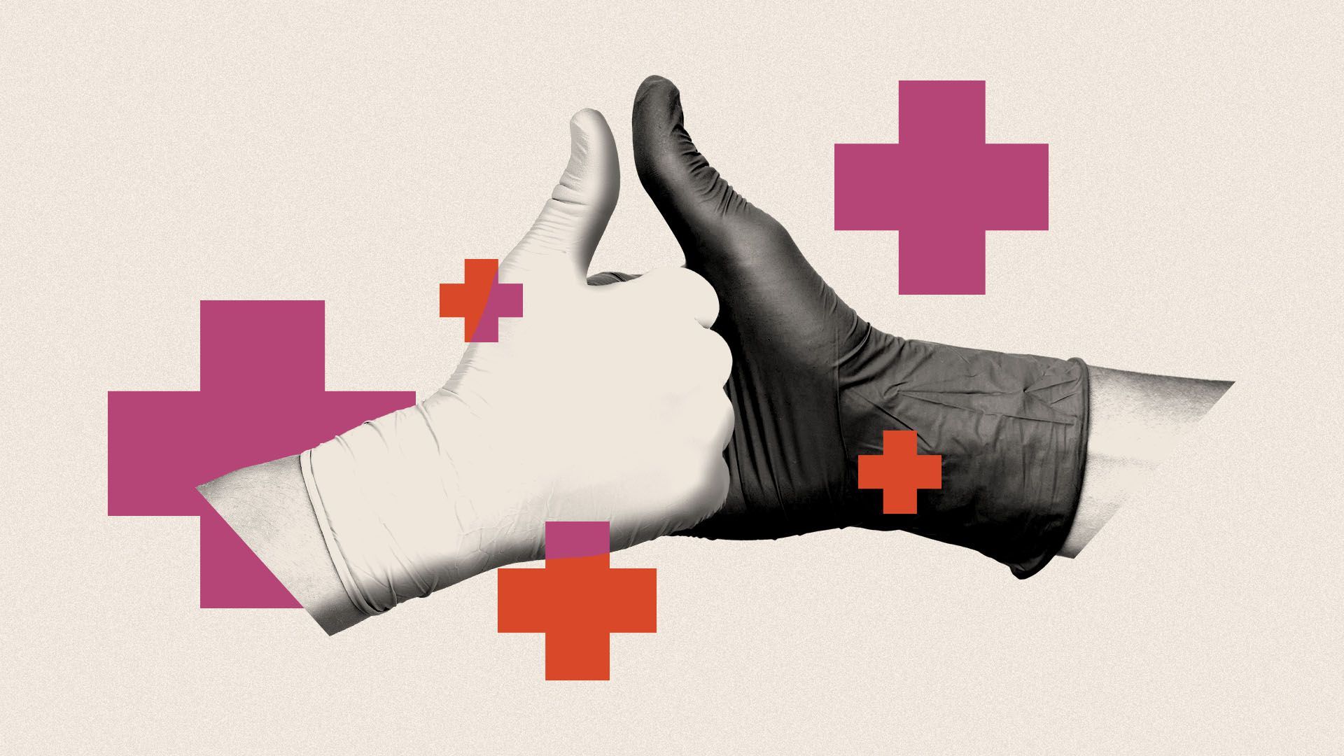 Illustration of two hands in medical gloves engaged in a thumb war