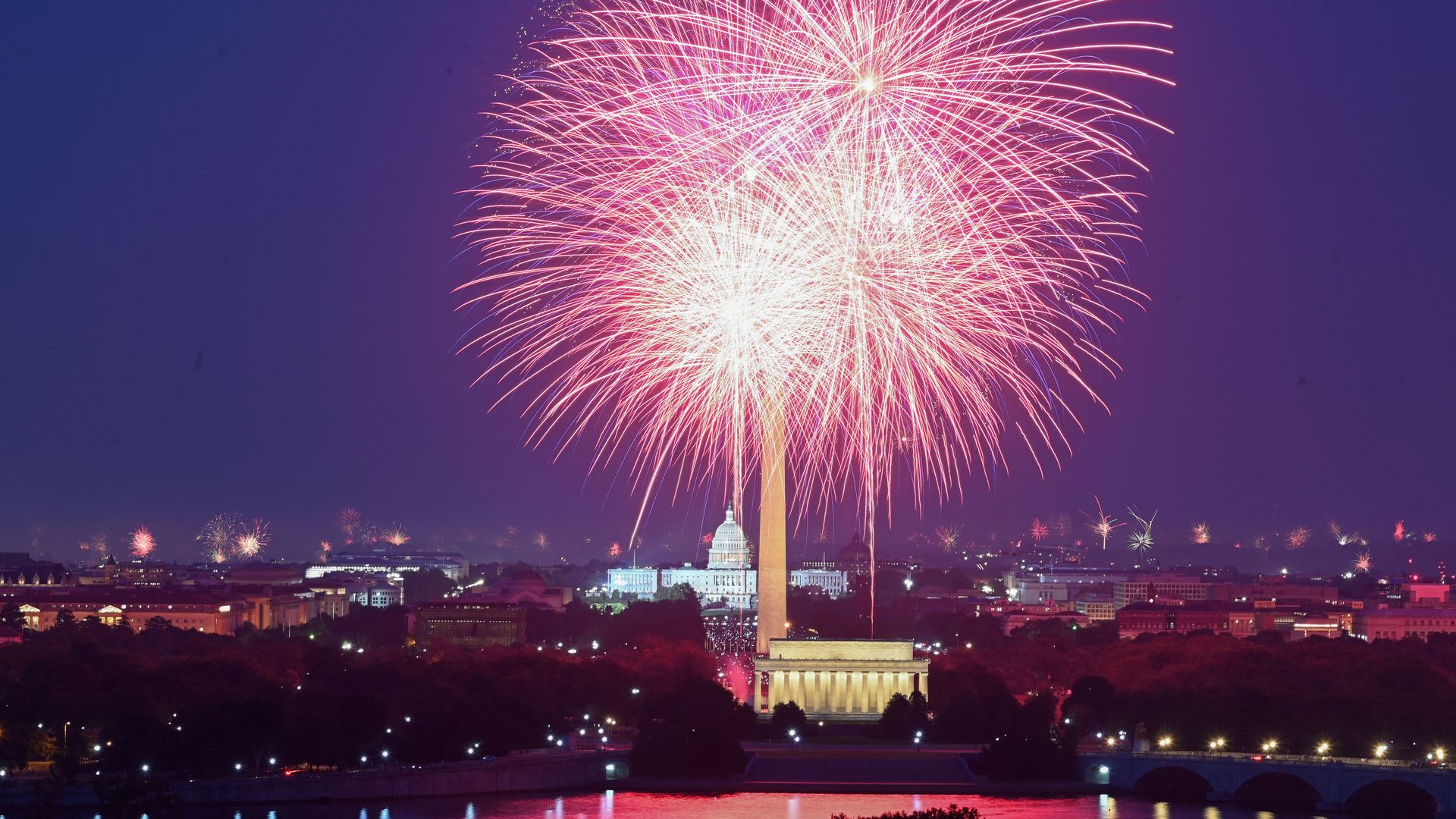 Fourth of July fireworks over the D.C. skyline.