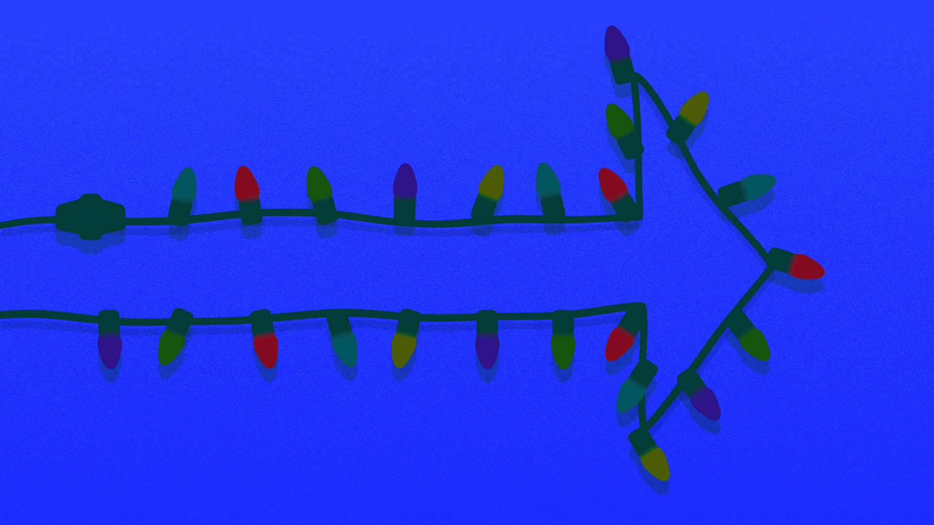 Animated illustration of holiday lights arranged in an arrow shape.