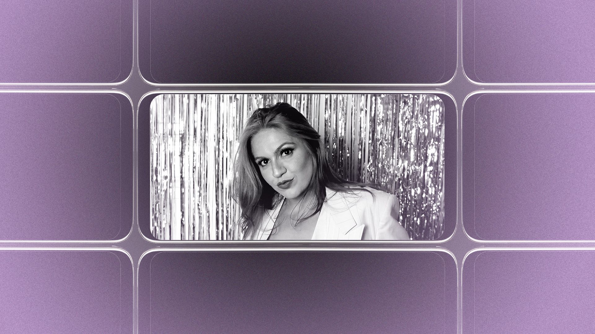 Photo illustration of a grid of smartphone screens, the center one showing an image of Timaree Schmit.