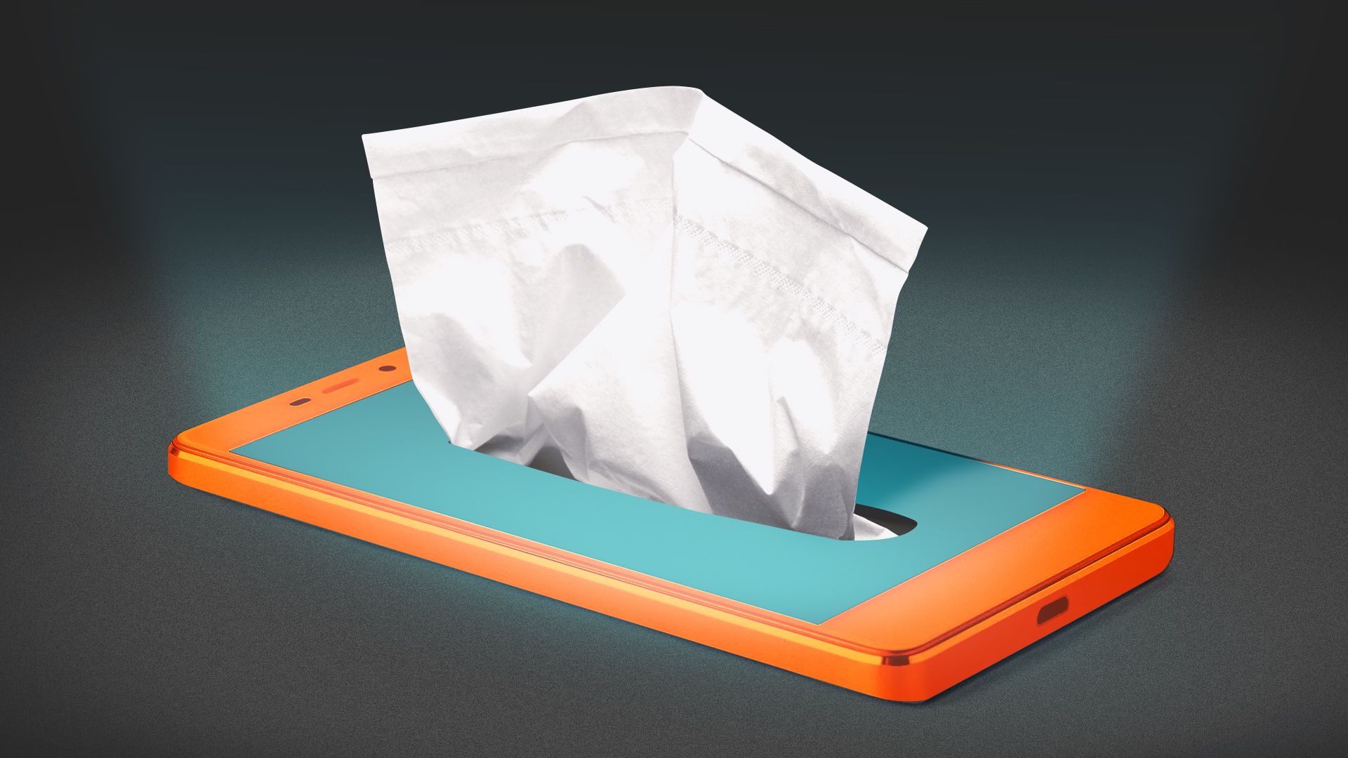 Illustration of a cell phone laying flat, stylized as a tissue box with napkins coming out from the screen.