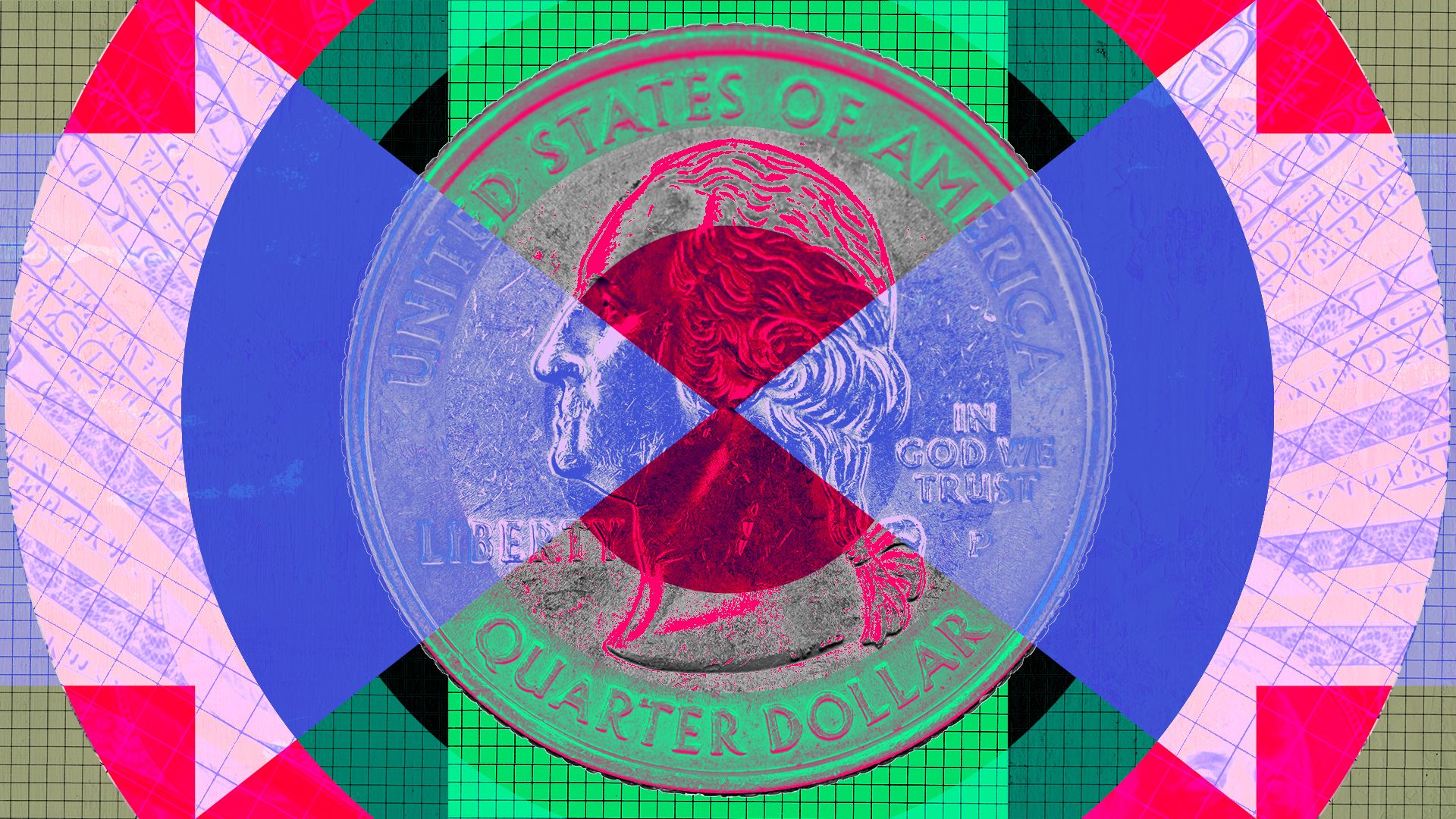 Illustration of an abstract collage of arrows, concentric circles, grids and US currency. 