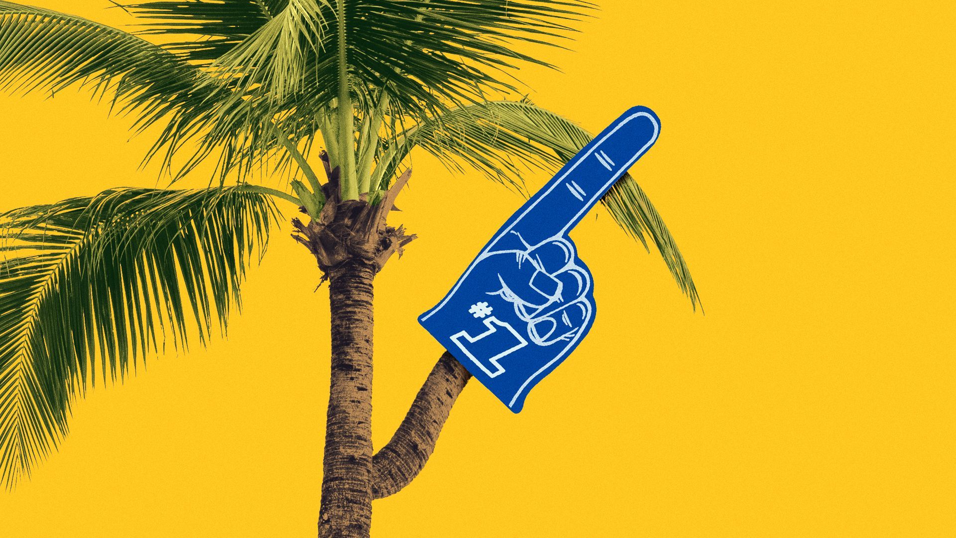 Illustration of a palm tree waving a foam finger. 