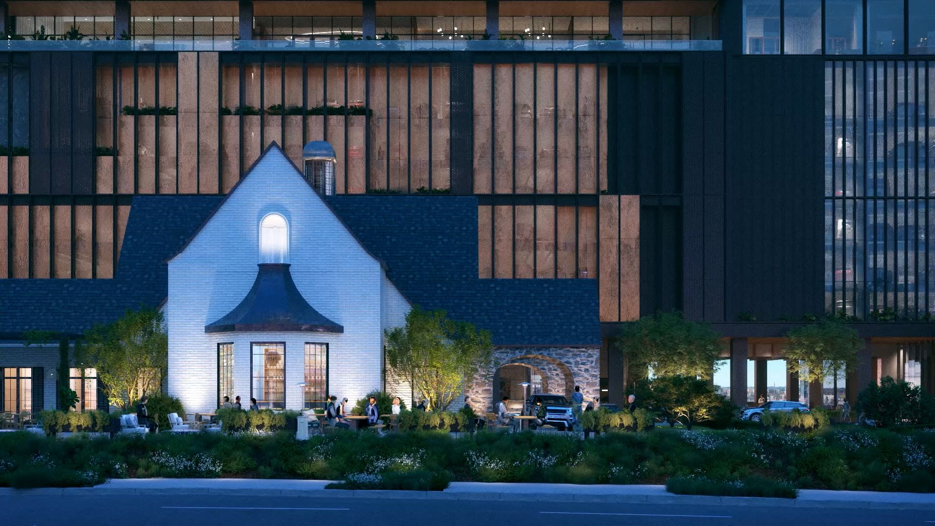 A rendering of a historic single-story white funeral home with a large mixed-use development in the background