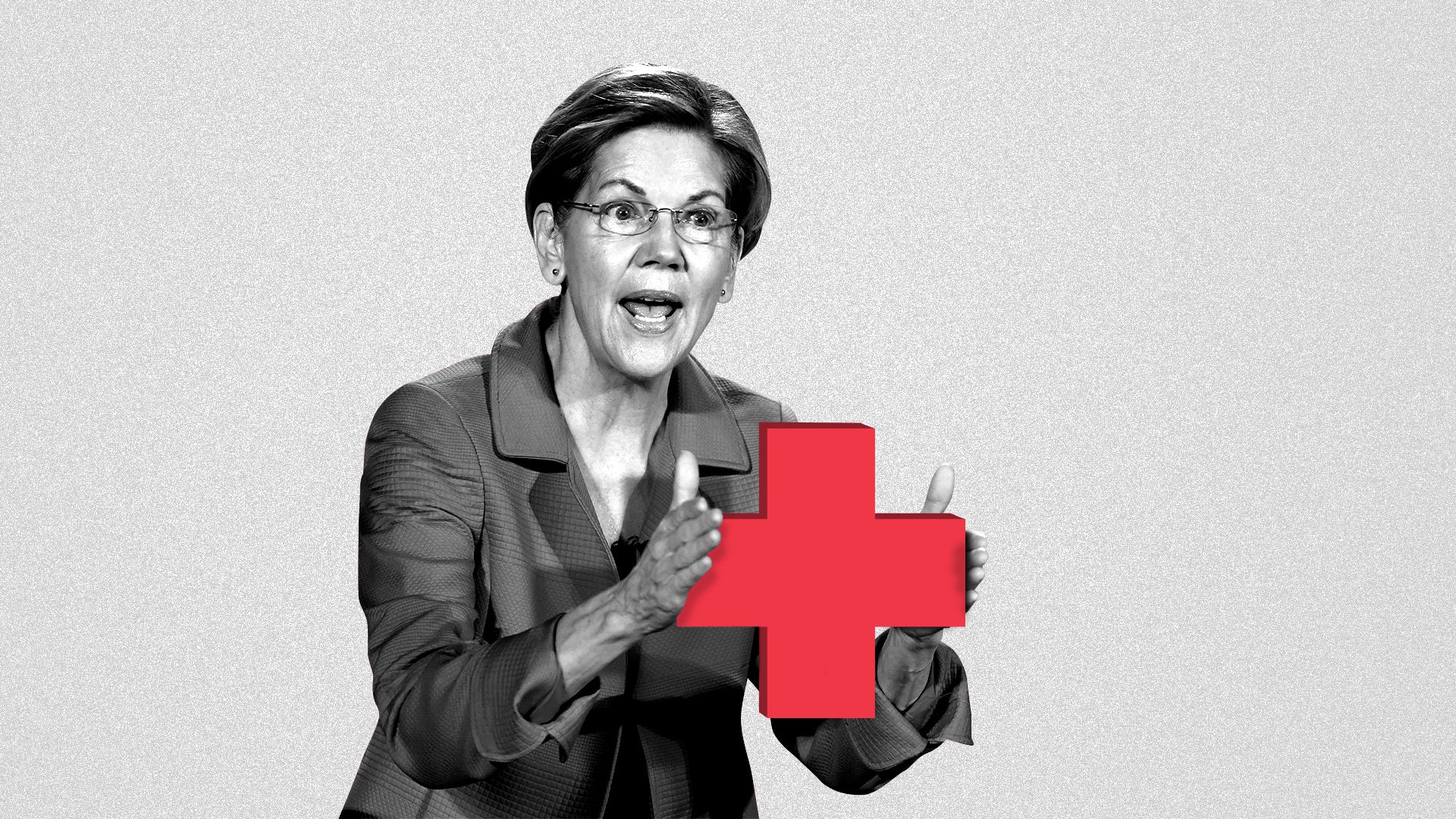 Illustration of Elizabeth Warren holding out a health plus. 