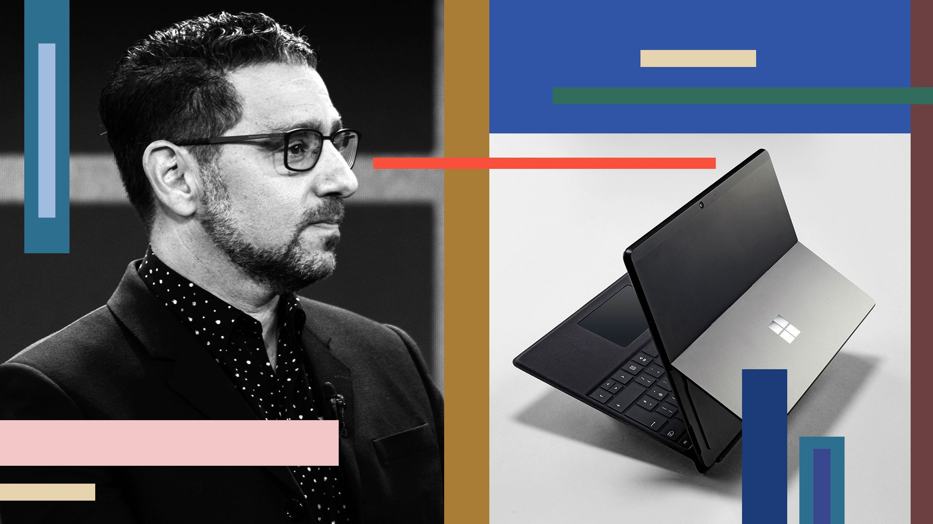 Photo illustration of Microsoft's Panos Panay with a Surface device.