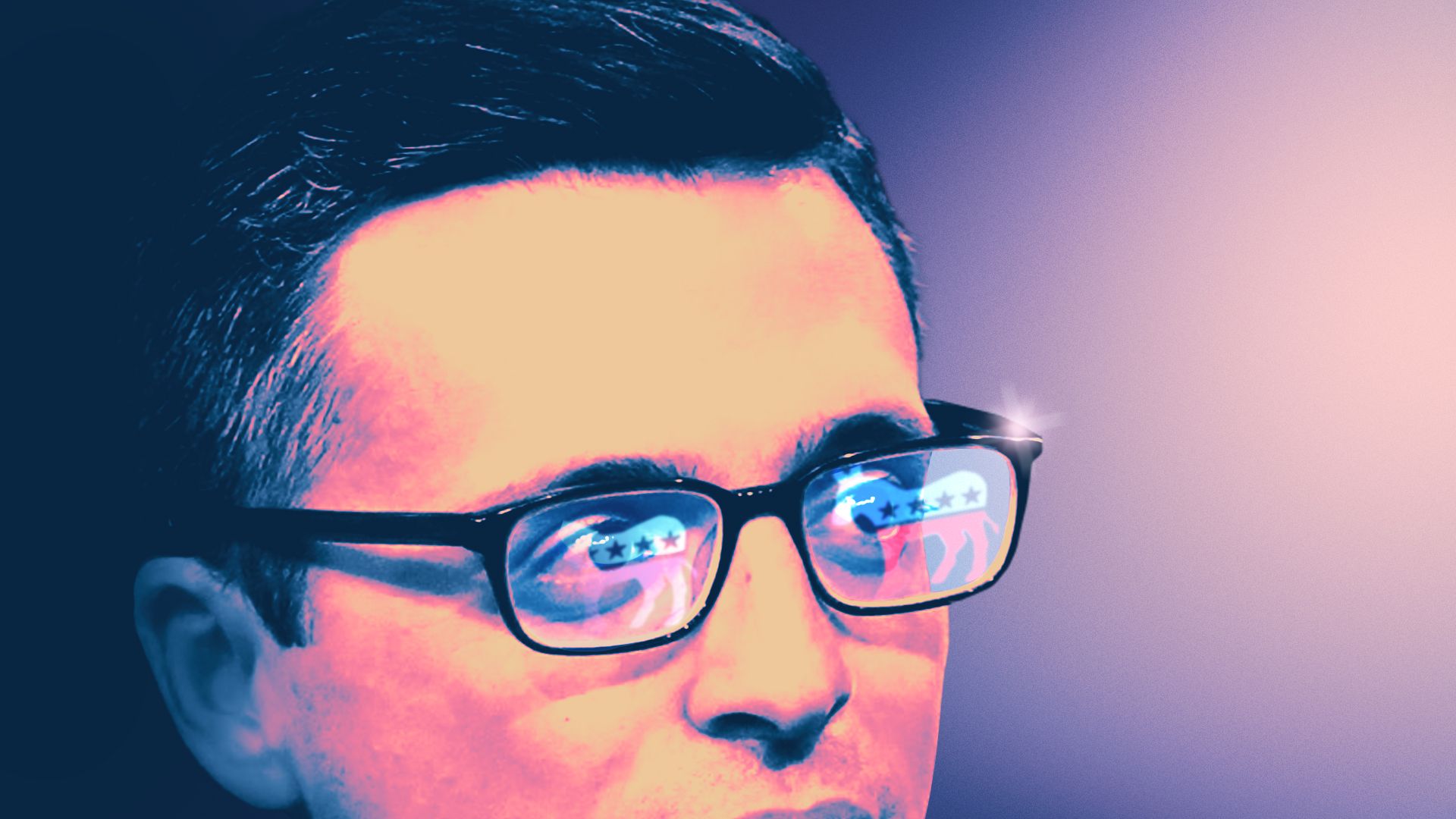 Photo illustration of Ezra Klein with the Democratic Party logo reflecting in his glasses
