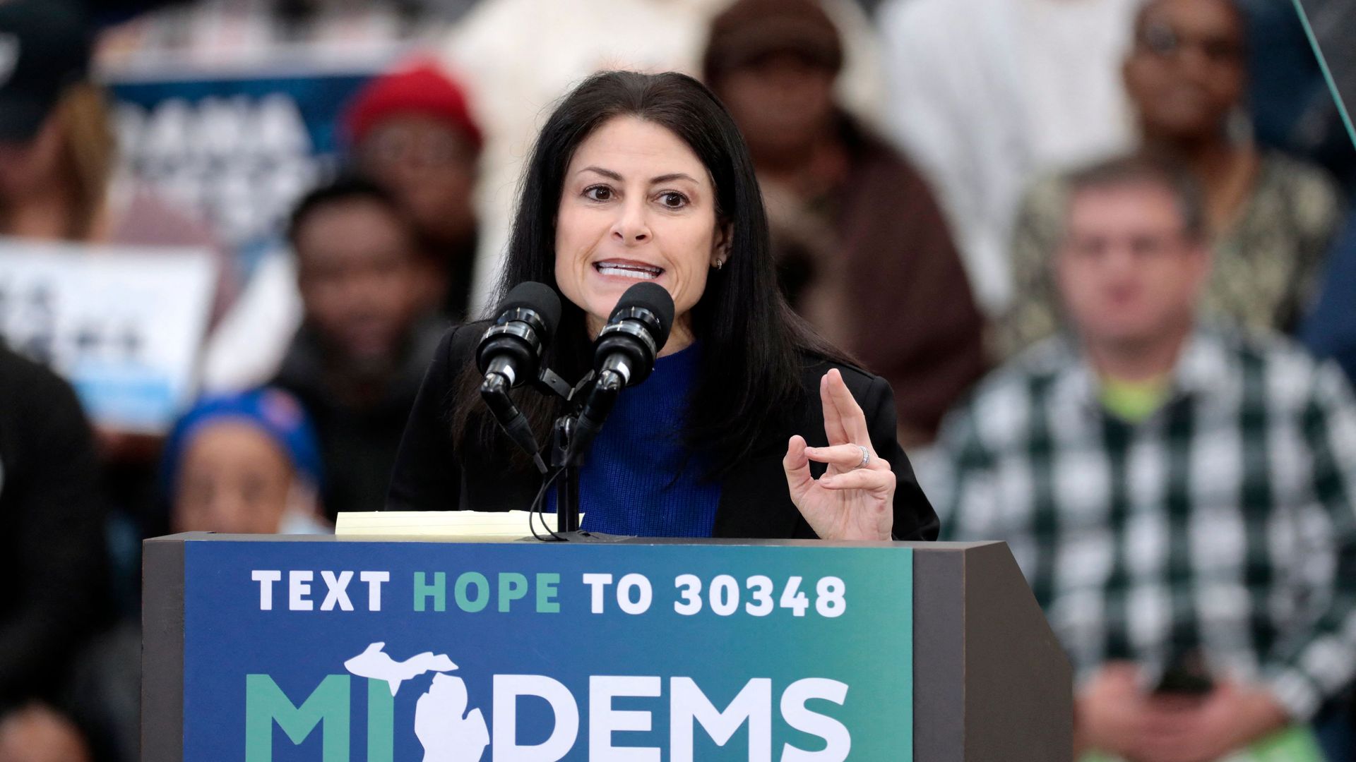 Michigan Attorney General Dana Nessel speaks before former President Barack Obama campaigns for Michigan Governor Gretchen Whitmer at Renaissance High School in Detroit, Michigan, in October 2022. 