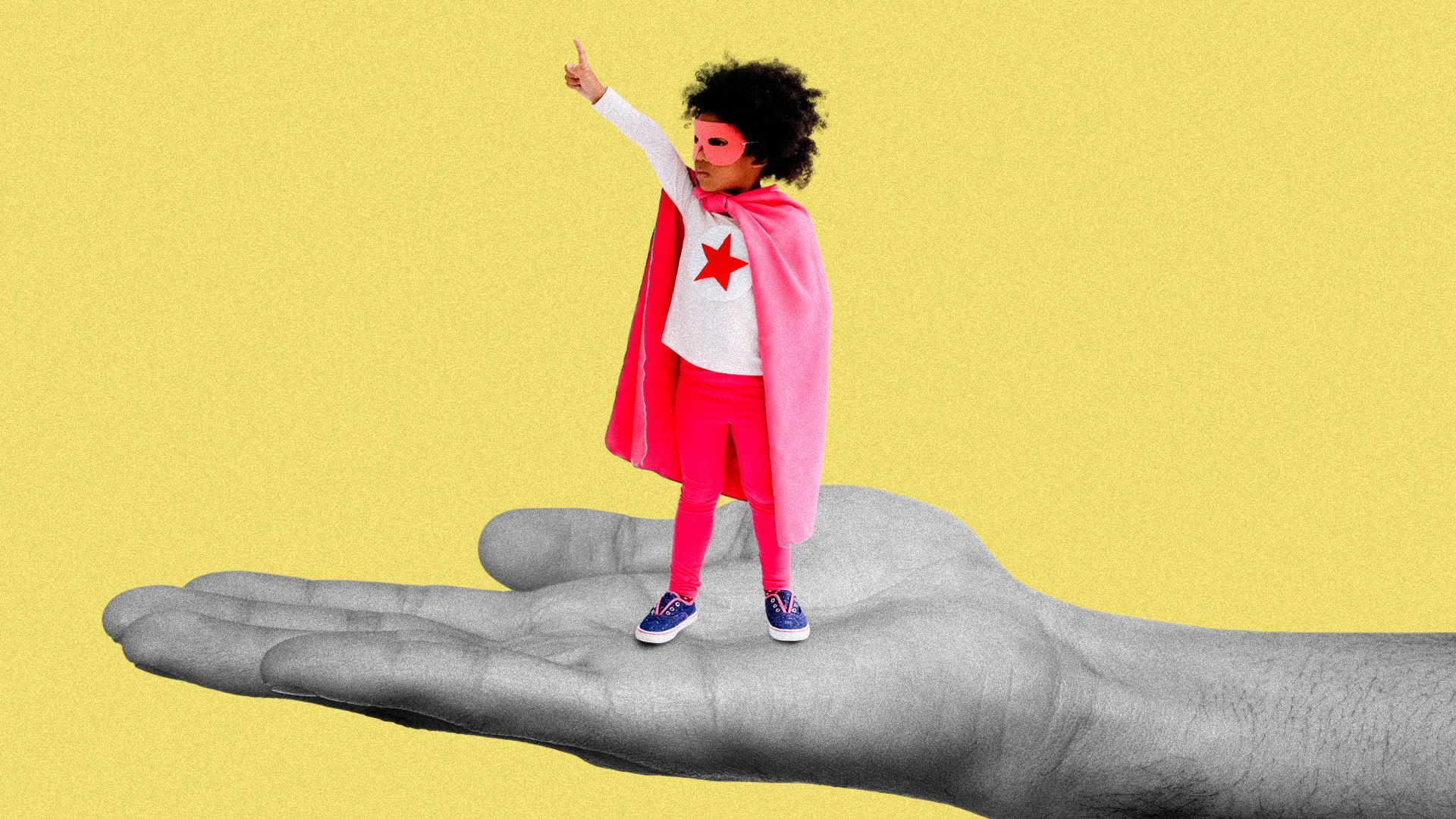 Illustration of a young girl dressed as a superhero standing on a large hand.