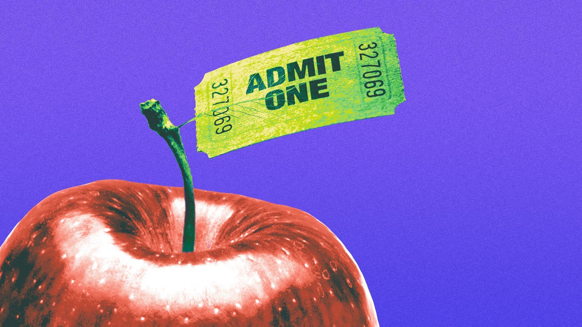 A red apple with a bright green admit-one ticket attached to its stem, against a vivid purple background in bold, pop-art style.