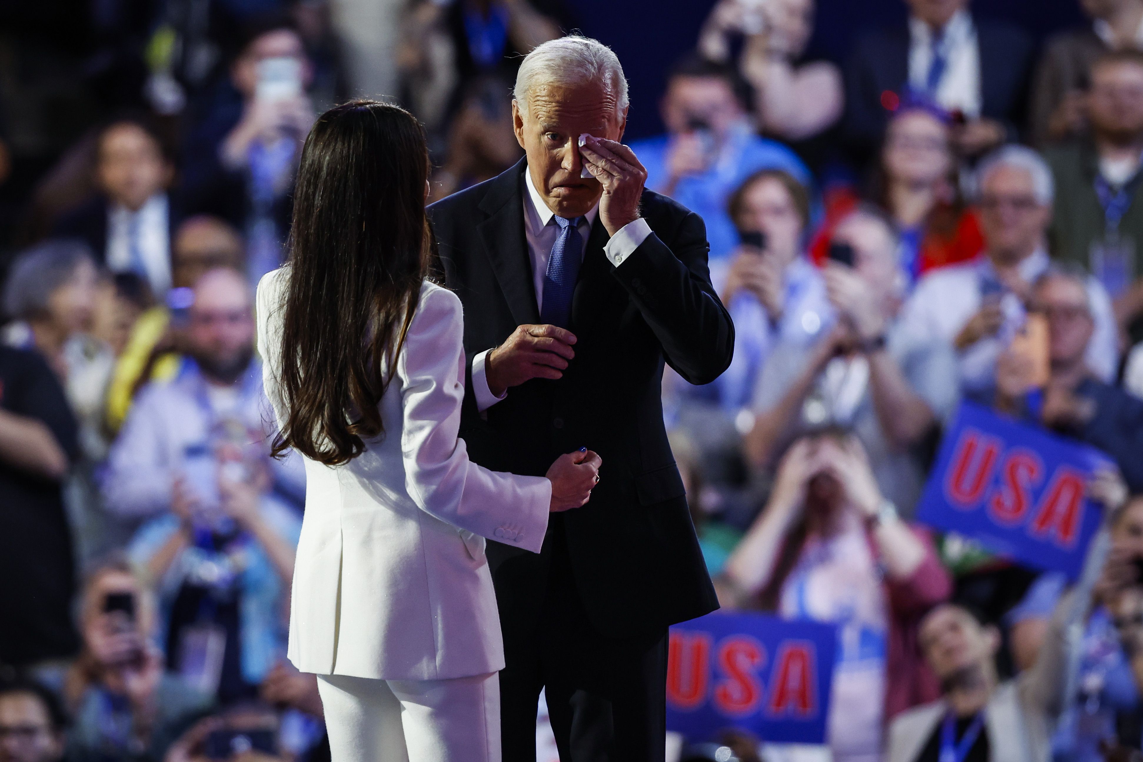  First Daughter Ashley Biden and U.S. President Joe Biden onstage during the first day of the Democratic National Convention at the United Center on August 19, 2024.