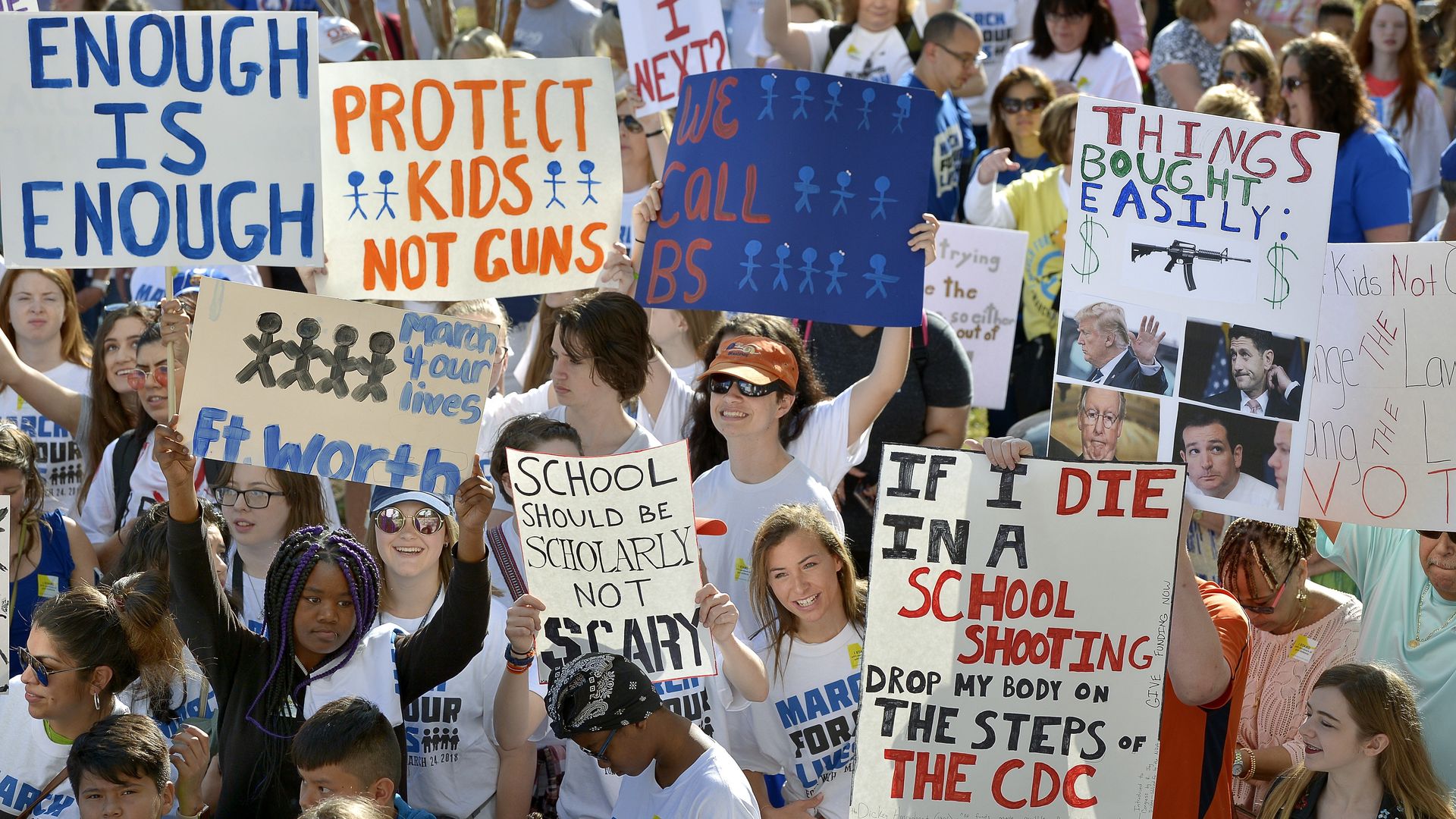 Students with signs advocating against gun violence