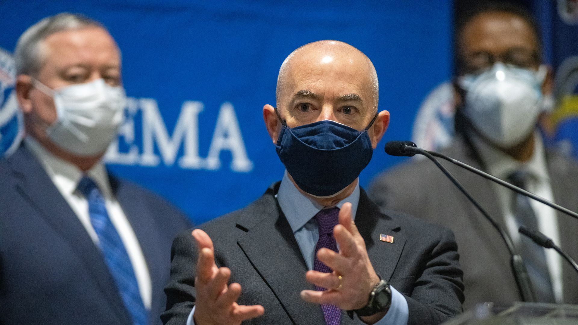 Secretary of Homeland Security Alejandro Mayorkas delivers remarks while visiting a FEMA community vaccination center on March 2, 2021 in Philadelphia, Pennsylvania.