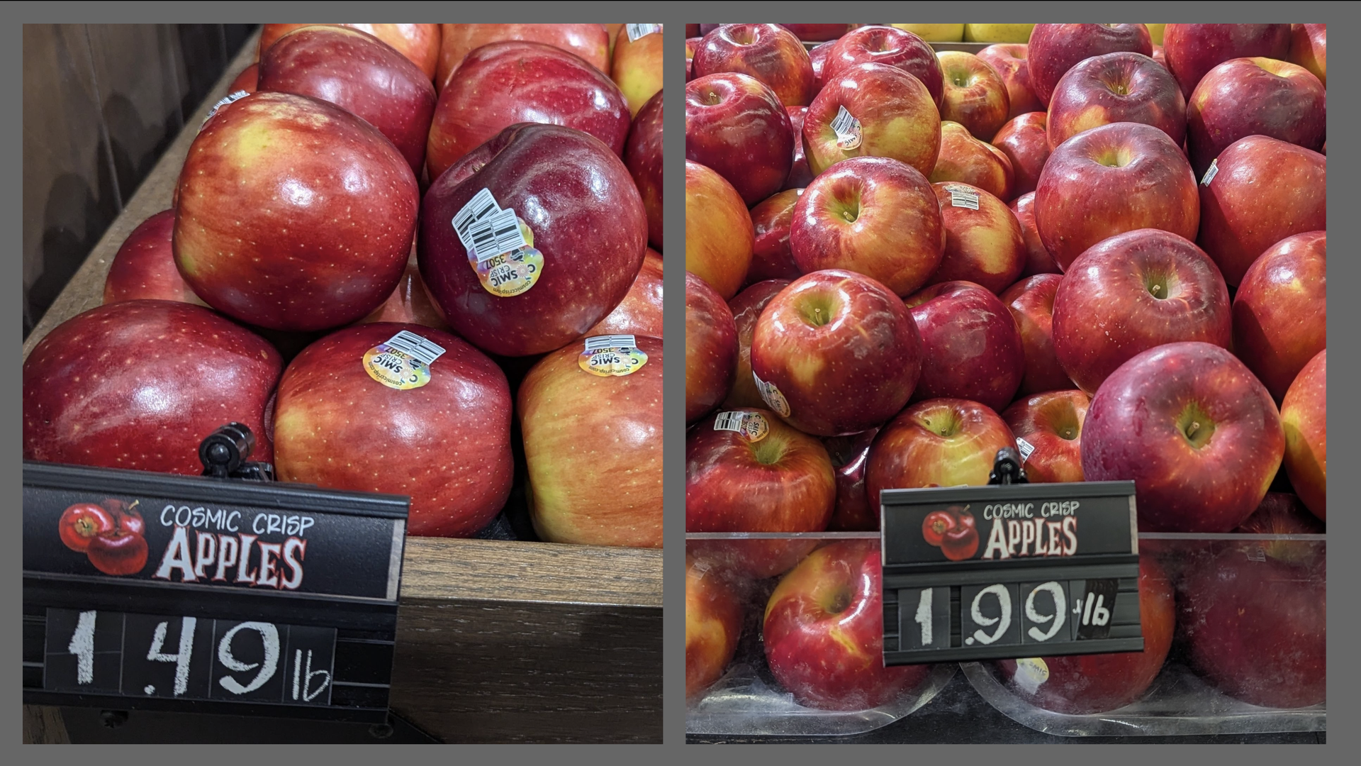 Price tags on two photos of Cosmic Crisp apples show them at 1.49 and 1.99 per pound, respectively.