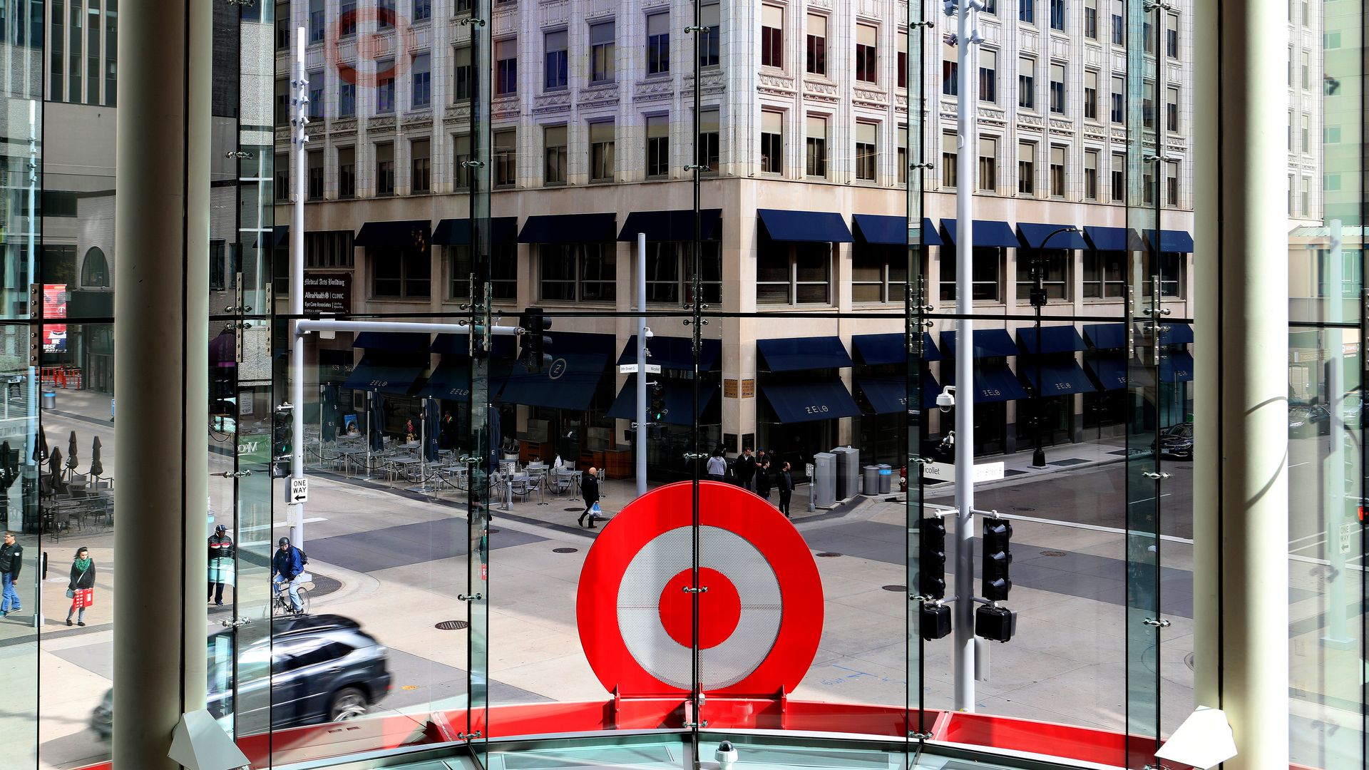 A view looking out from Target's downtown store, with a bullseye and Nicollet Mall 