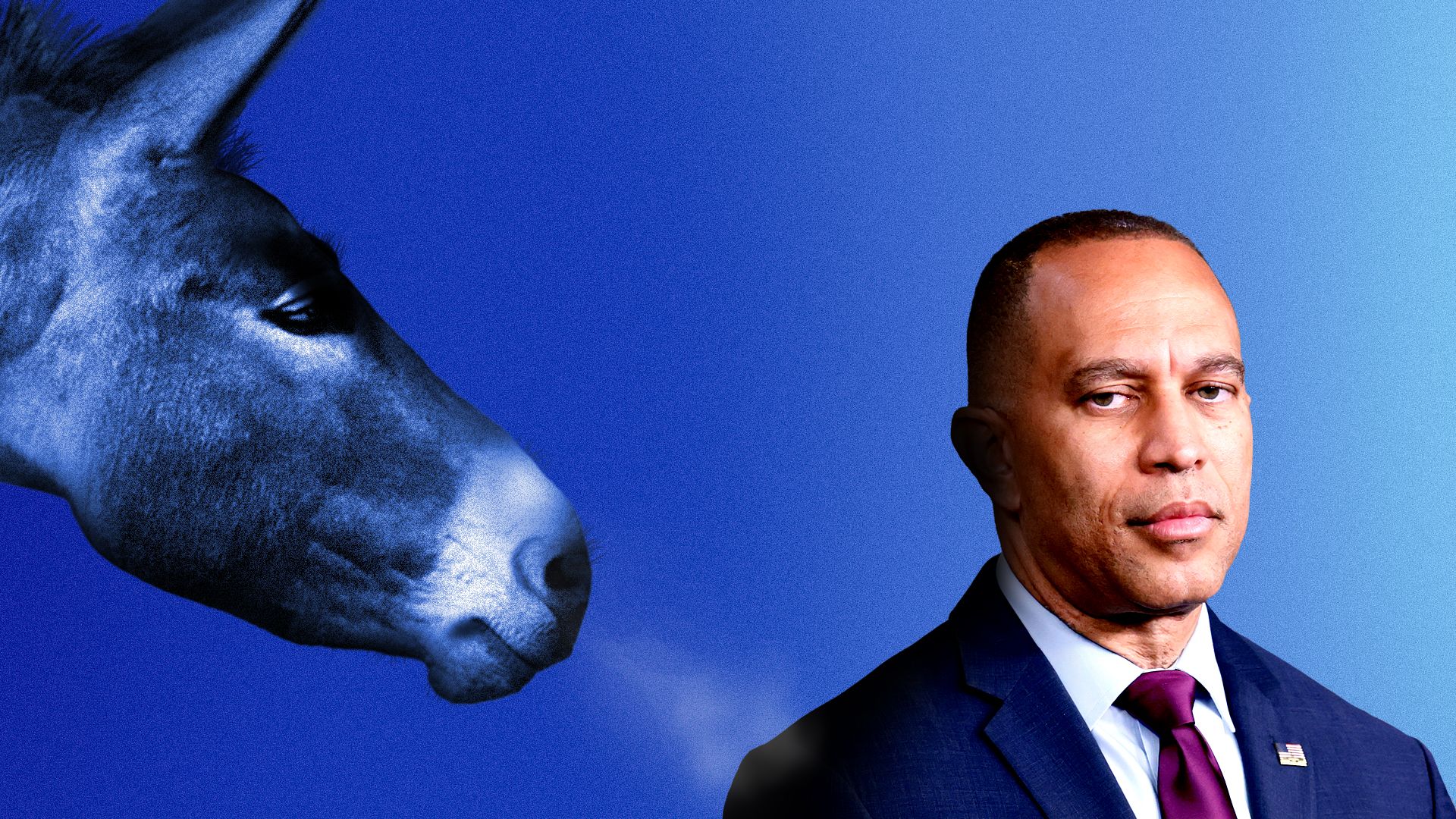 Photo illustration of U.S. House Minority Leader Hakeem Jeffries next to an angry donkey