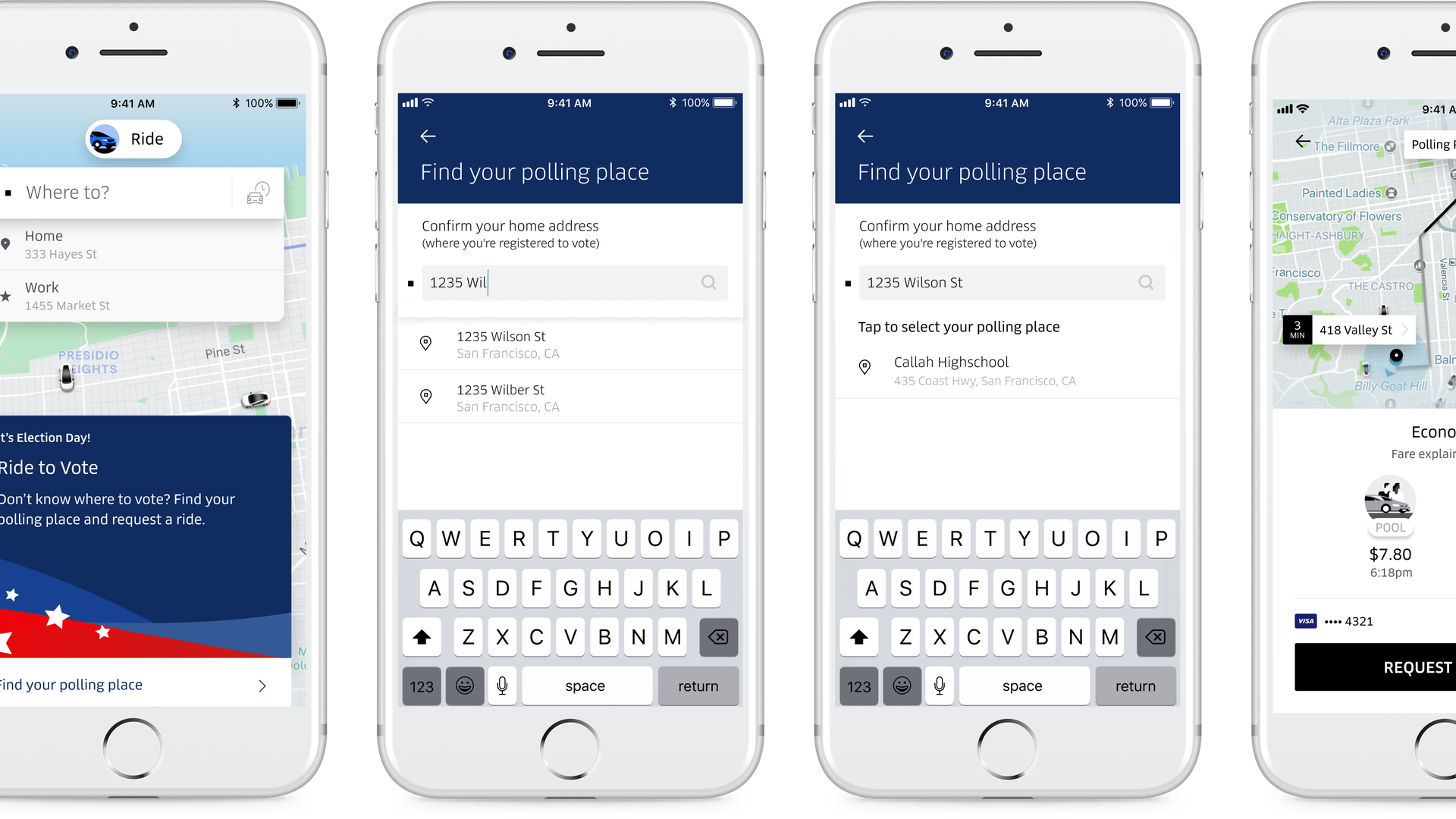 Uber app with button for finding polling place.
