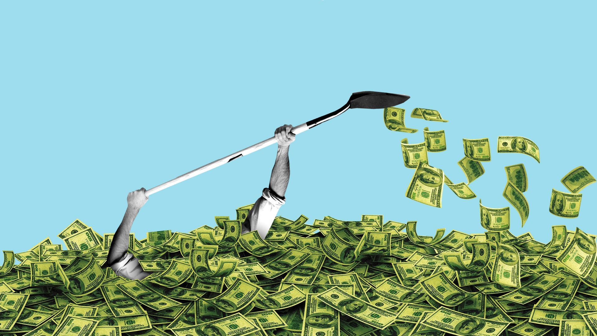 Illustration of a pile of money with a man trying to shovel his way out and failing.  