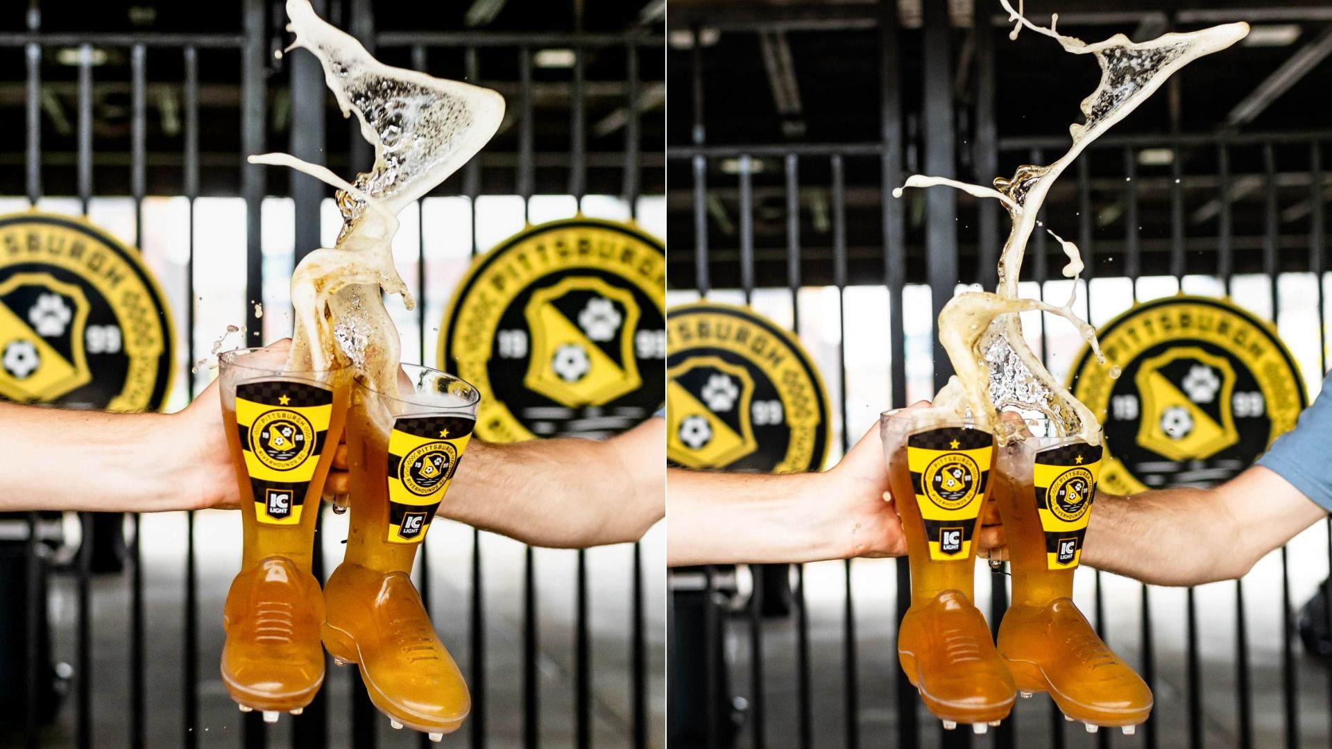 Split image of two people clinking amber drinks in yellow-and-black cups, causing a dramatic splash mid-air. Orange sneakers at bottom, black fence, and yellow circular logos in the background.