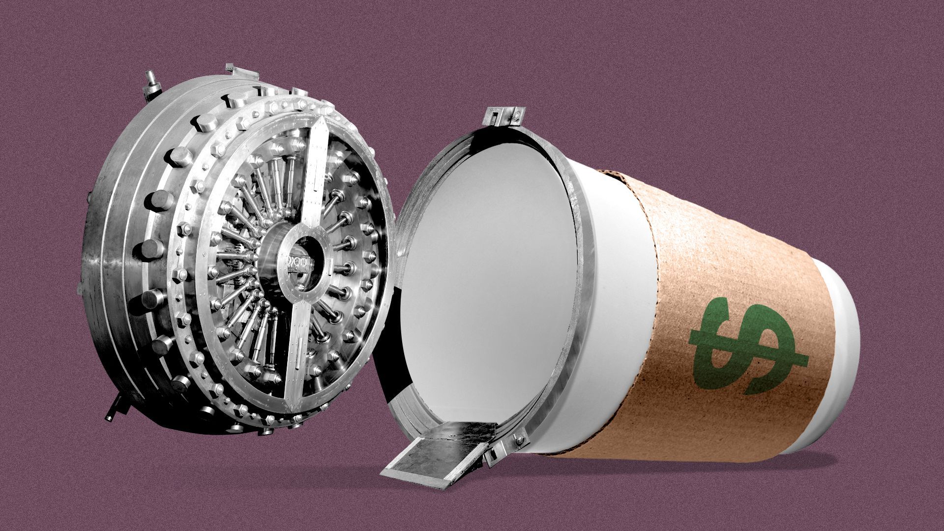 Illustration of a coffee cup with a bank vault for a lid.
