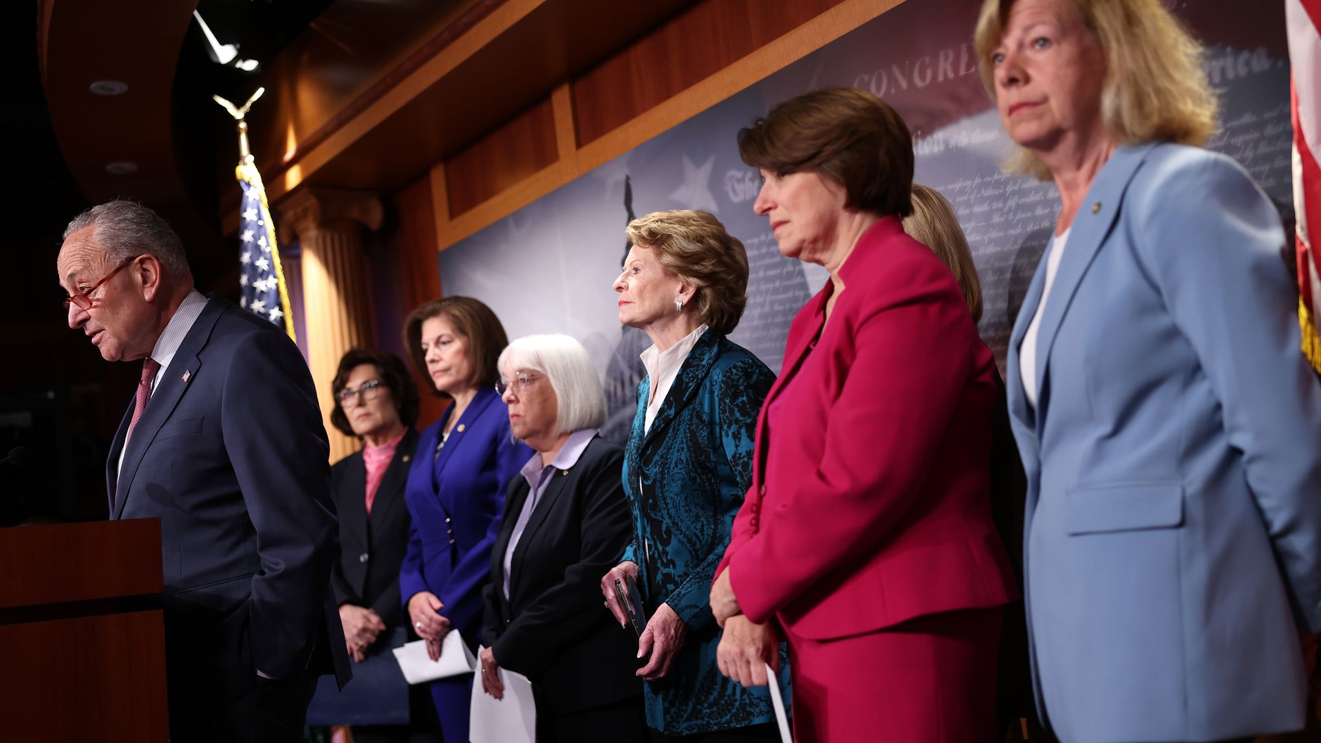  Senate Majority Leader Charles Schumer (D-NY) speaks on the upcoming anniversary of the Supreme Court Dobbs decision, which ended a women's right to access an abortion, at the U.S. Capitol on June 21, 2023 in Washington, DC.