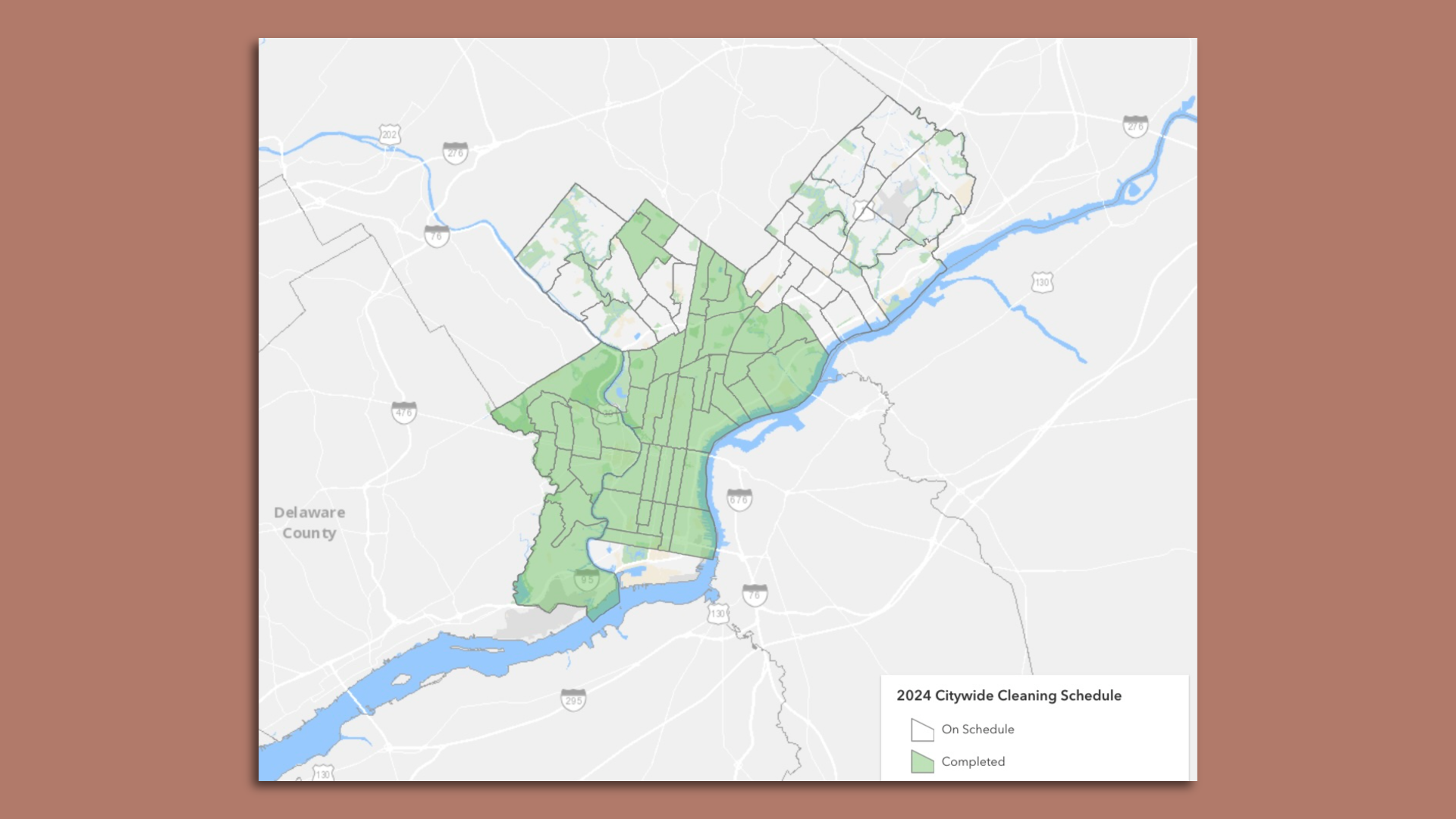 A map of Philadelphia with areas that have been cleaned during the city's summer cleanup