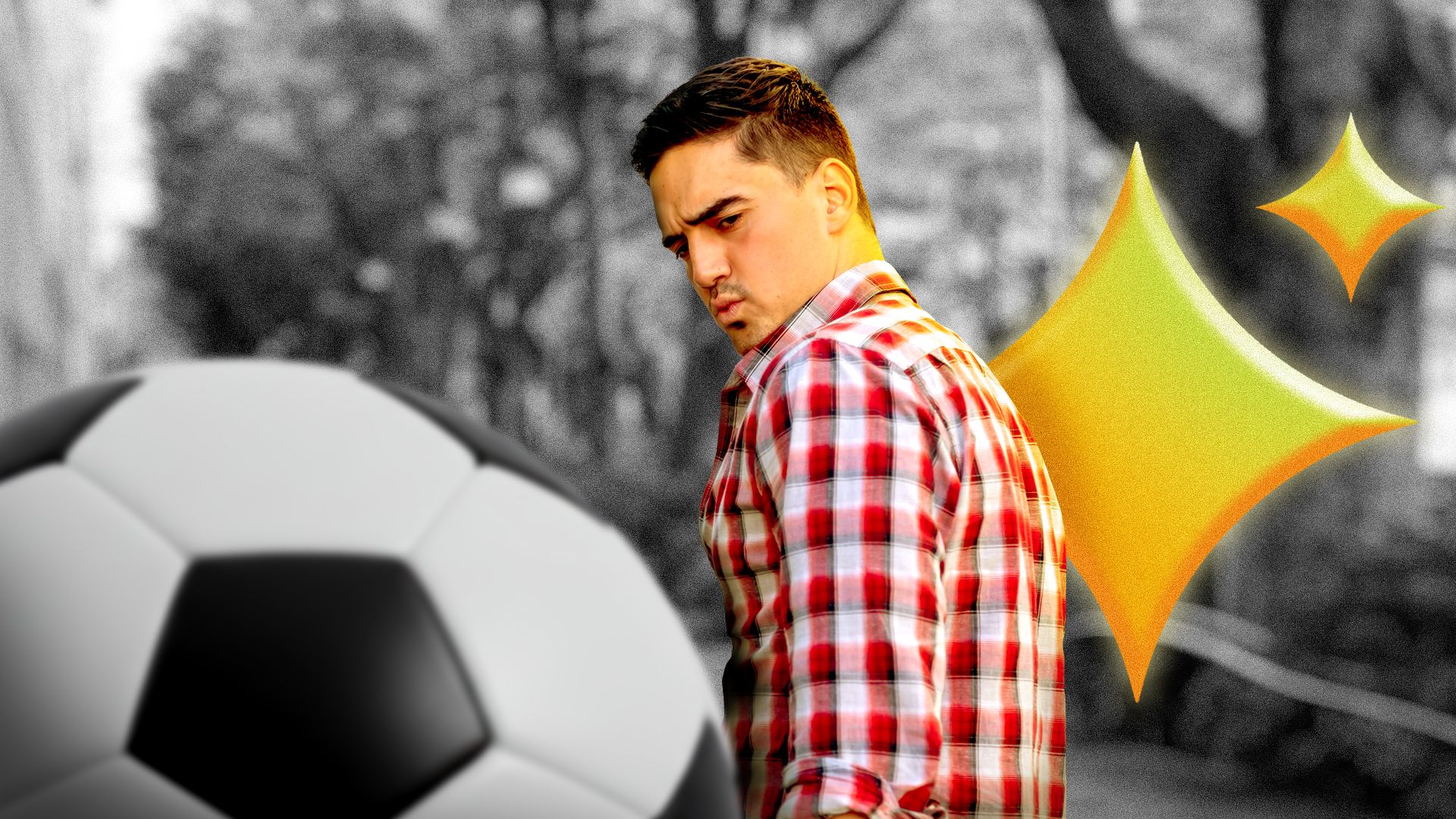 Illustration of a man walking next to an AI sparkle turning to check out a soccer ball in the foreground in a reference to the classic meme