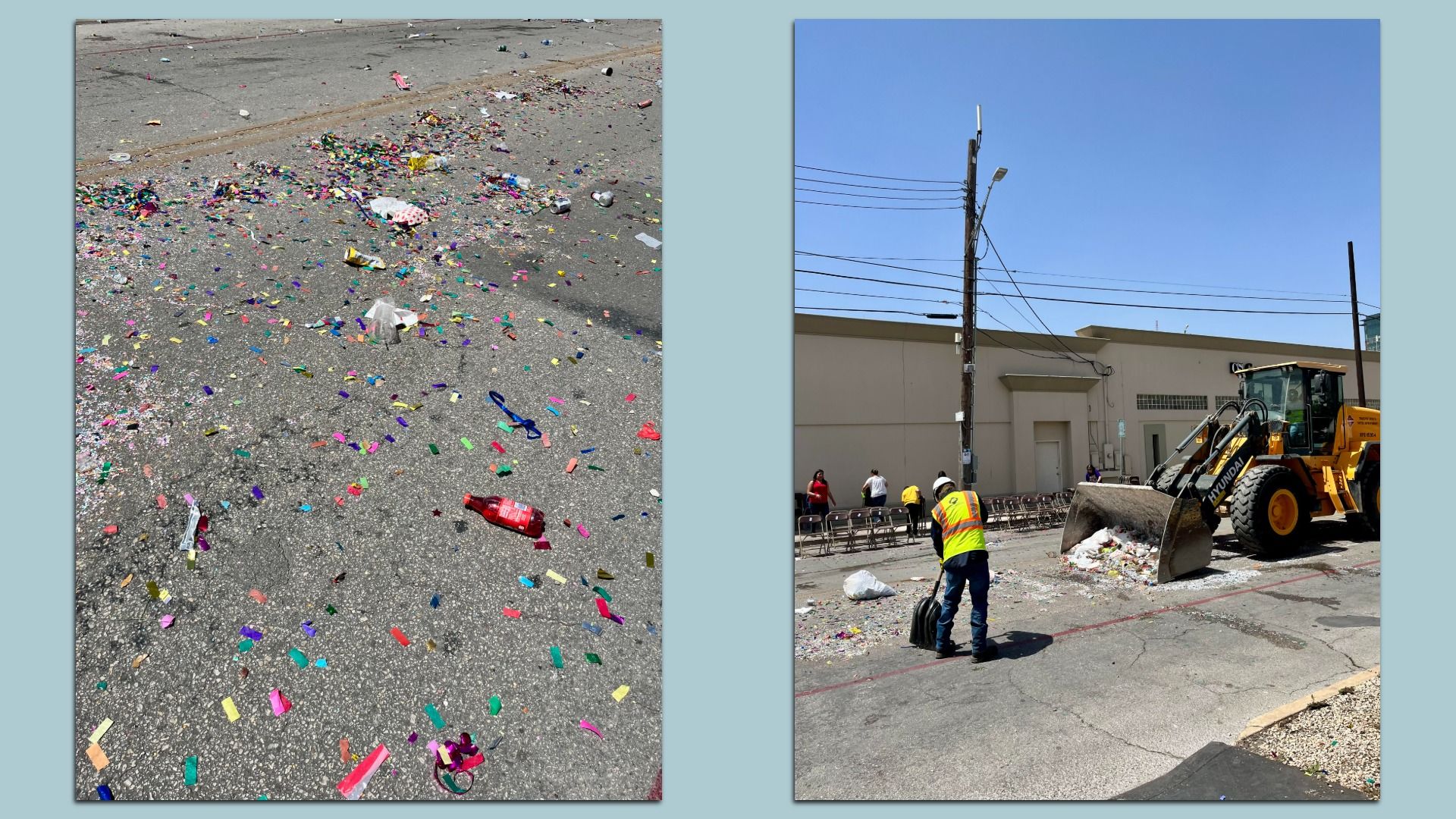 The photo on the left shows a street covered in colorful confetti and a plastic Big Red bottle. The photo on the right shows a city solid waste employee sweeping trash from the street into a dump truck.