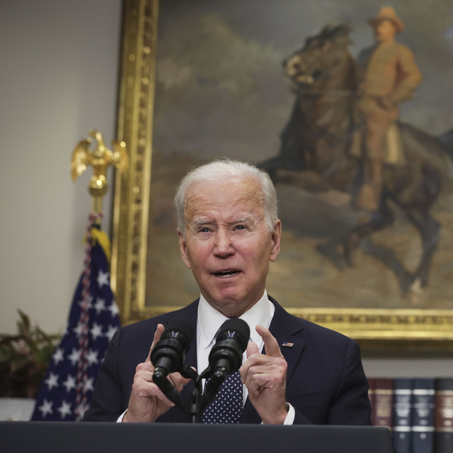 President Biden speaks about Ukraine in the Roosevelt Room in February.