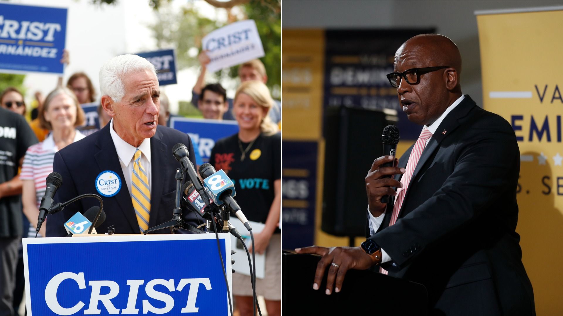Split image: left, gray-haired man at a blue "CRIST" campaign podium speaks into microphones; right, bald man in a dark suit and pink tie with glasses, speaks into a handheld mic.
