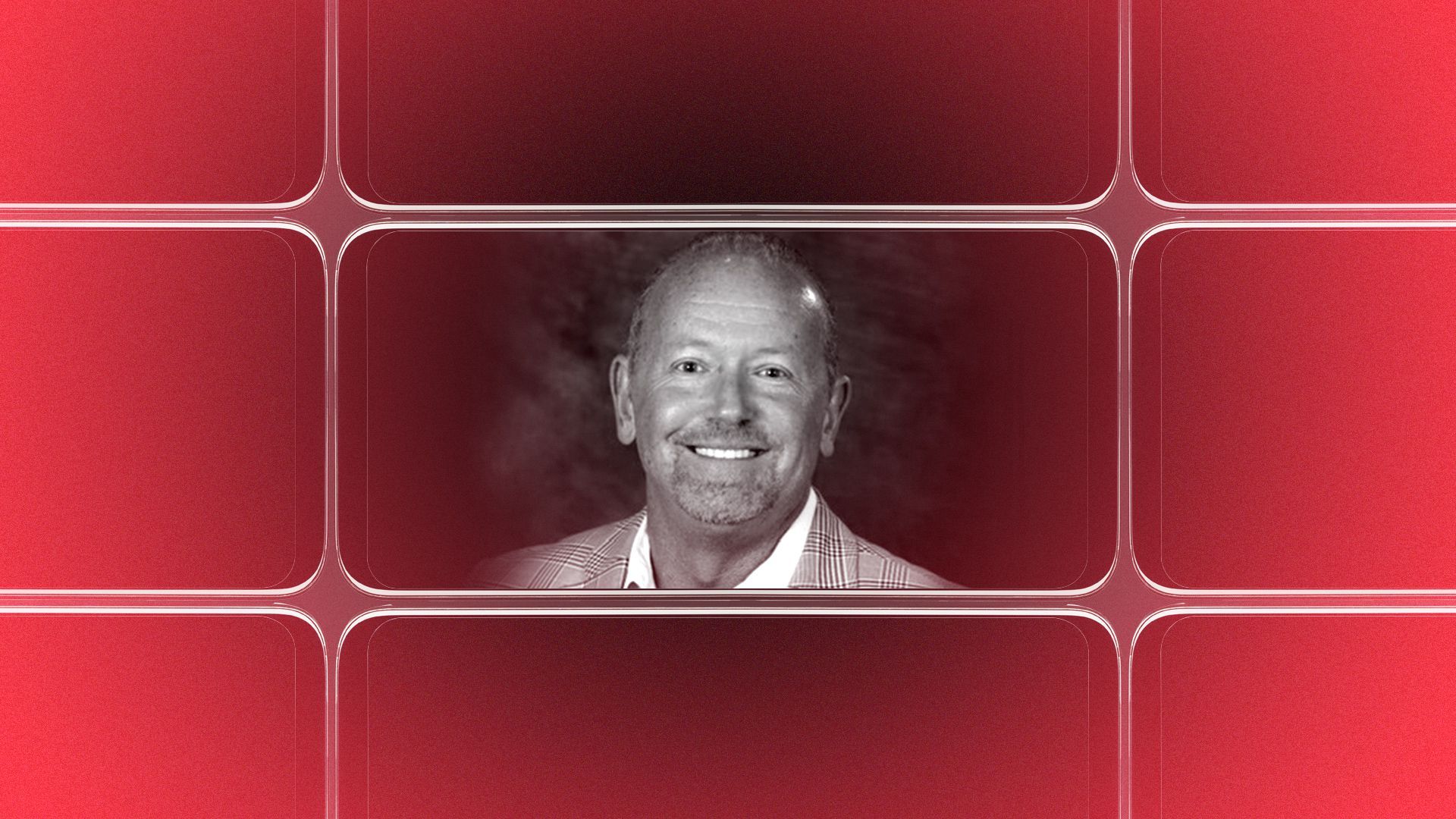 Photo illustration of a grid of smartphone screens, the center one showing an image of Jason Woody.