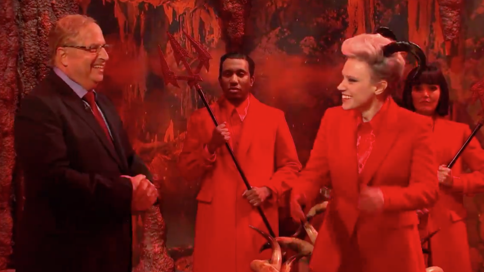 A screenshot from the latest "SNL" cold open, set in hell