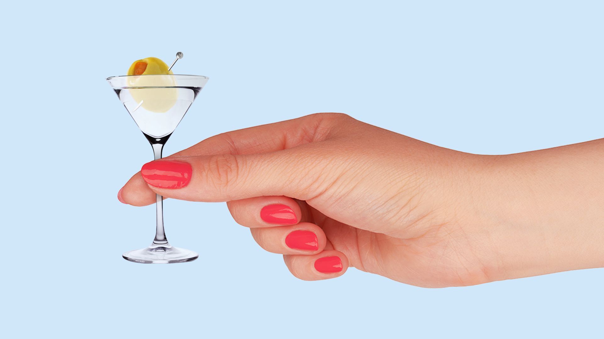 Illustration of a hand holding a tiny martini with a regular sized olive