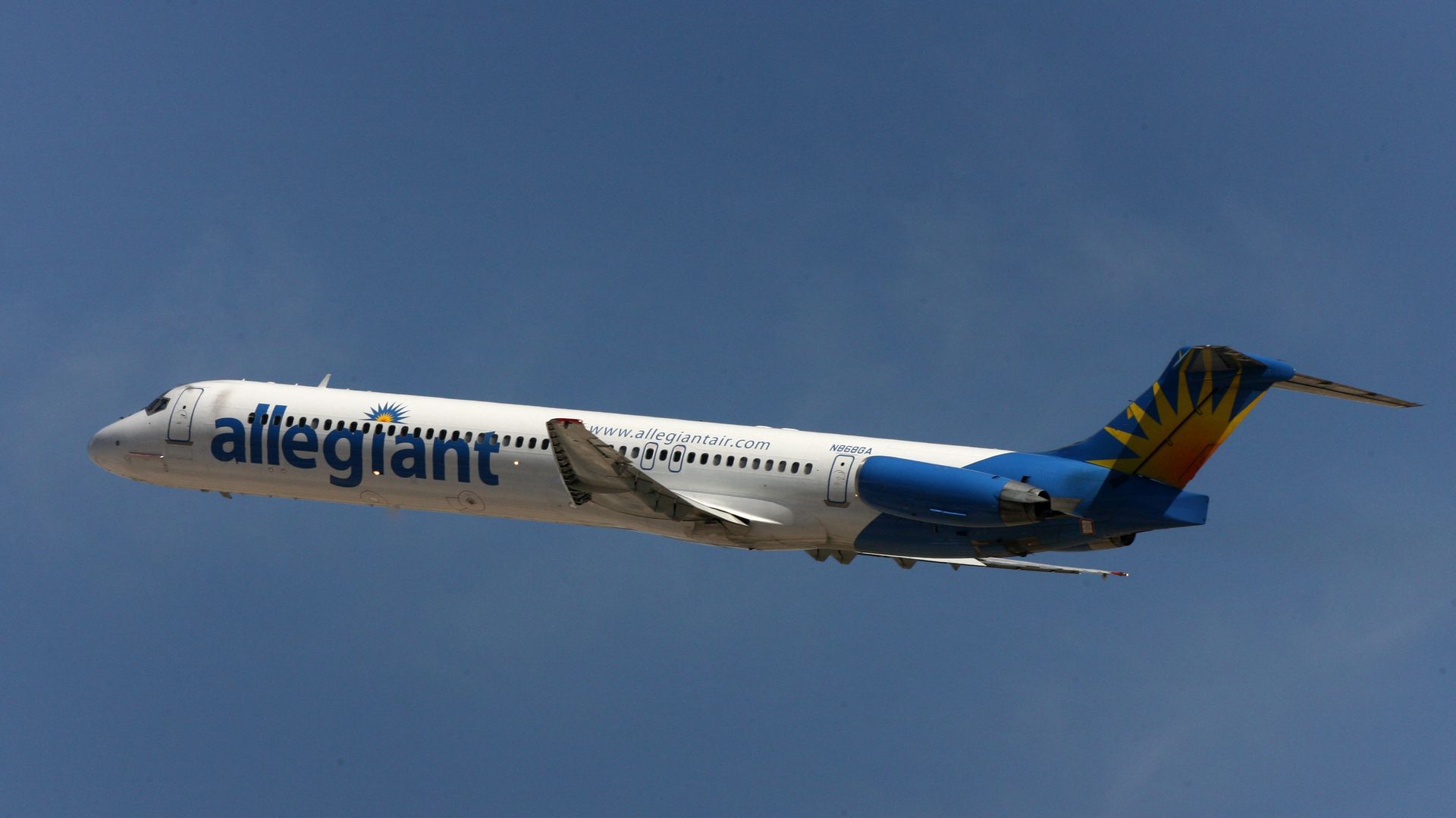 A photo of an an Allegiant plan in flight.