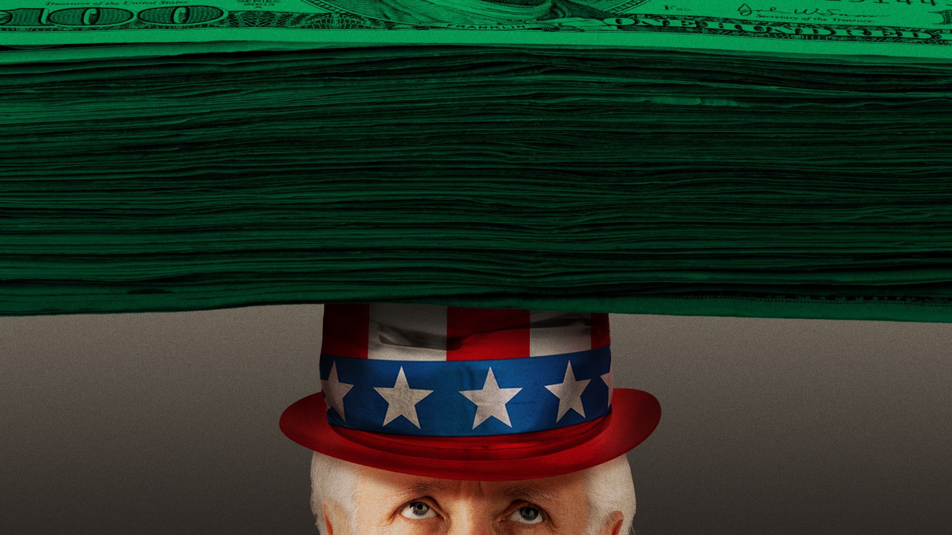 Illustration of a stack of bills crushing Uncle Sam's hat.