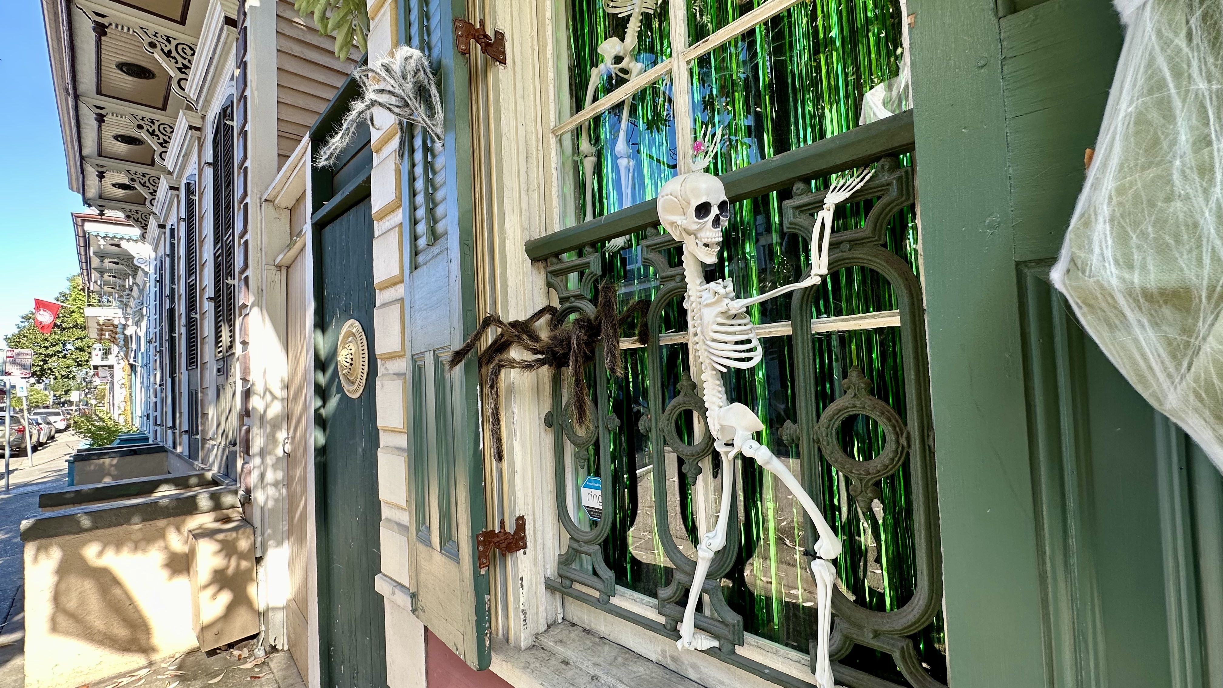 Photo shows a skeleton on the window.