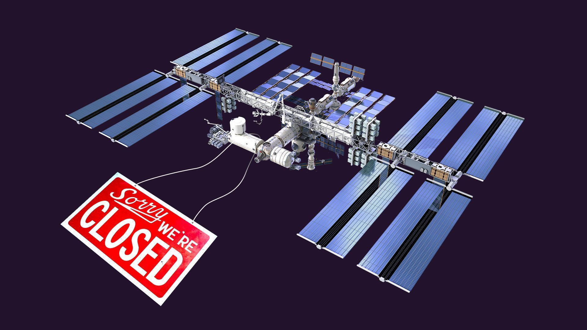 Illustration of the International Space Station with a closed sign attached
