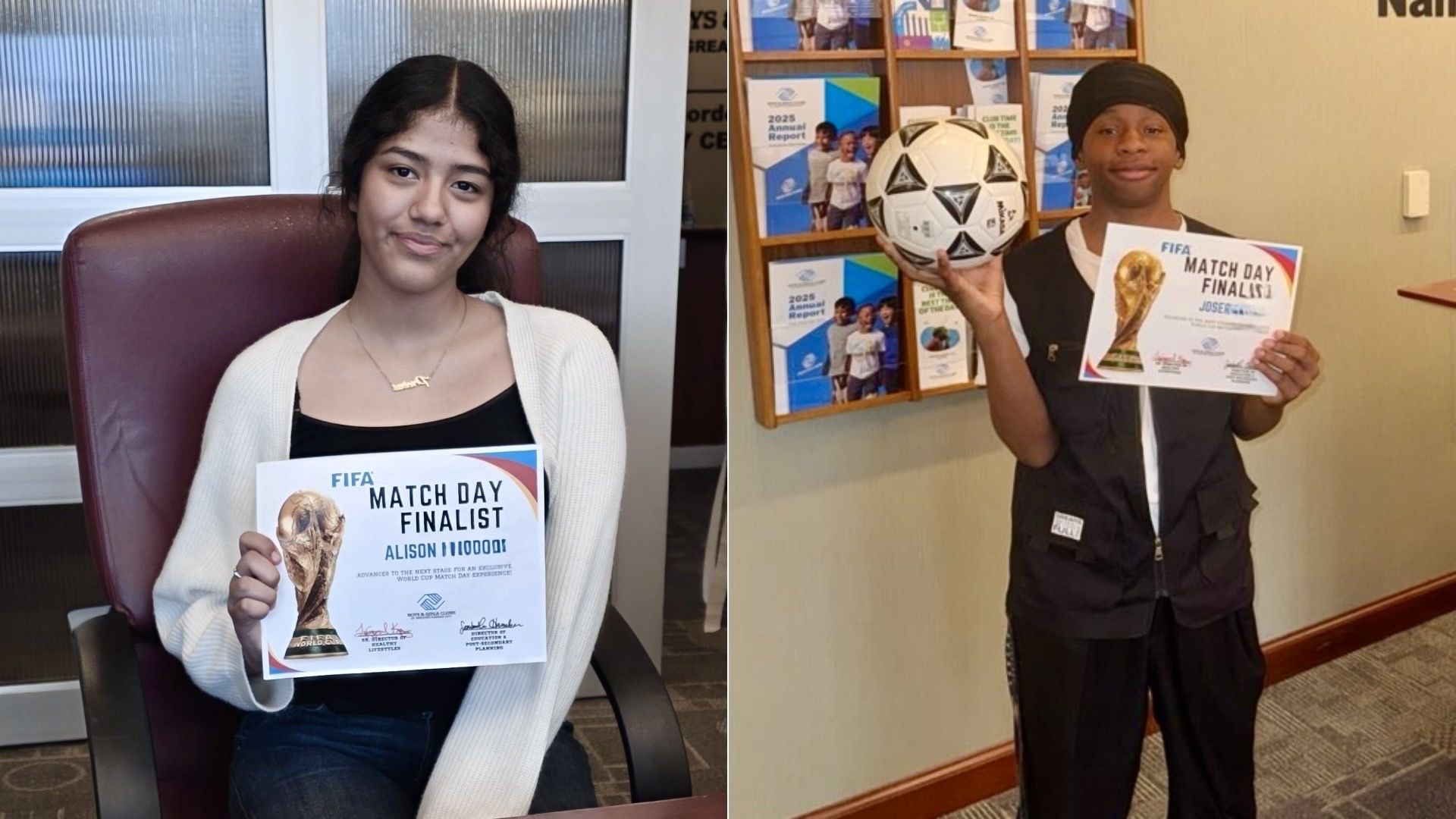 Two-panel photo: left, a girl in a maroon chair holds a certificate reading "FIFA MATCH DAY FINALIST"; right, a boy with a head wrap holds a soccer ball and a certificate beside a brochure wall.