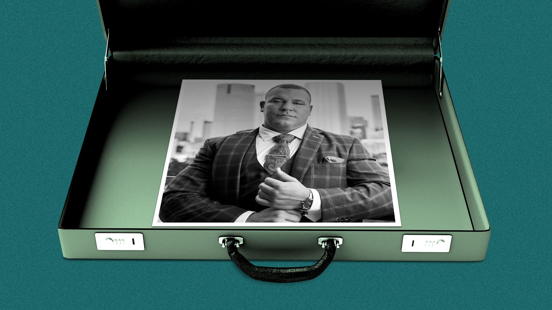 Photo illustration of a briefcase with a photo of Ben Sever inside.