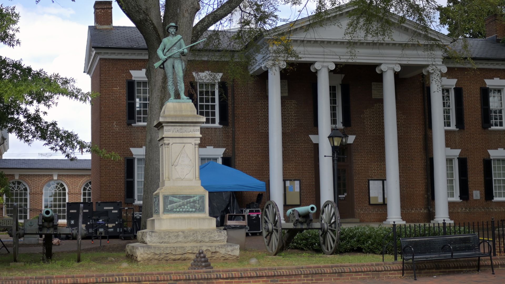 The confederate soldier statue at the Albemarle County Court House along with the canons will be removed Saturday morning September 12 in Charlottesville, VA on September 11, 2020.