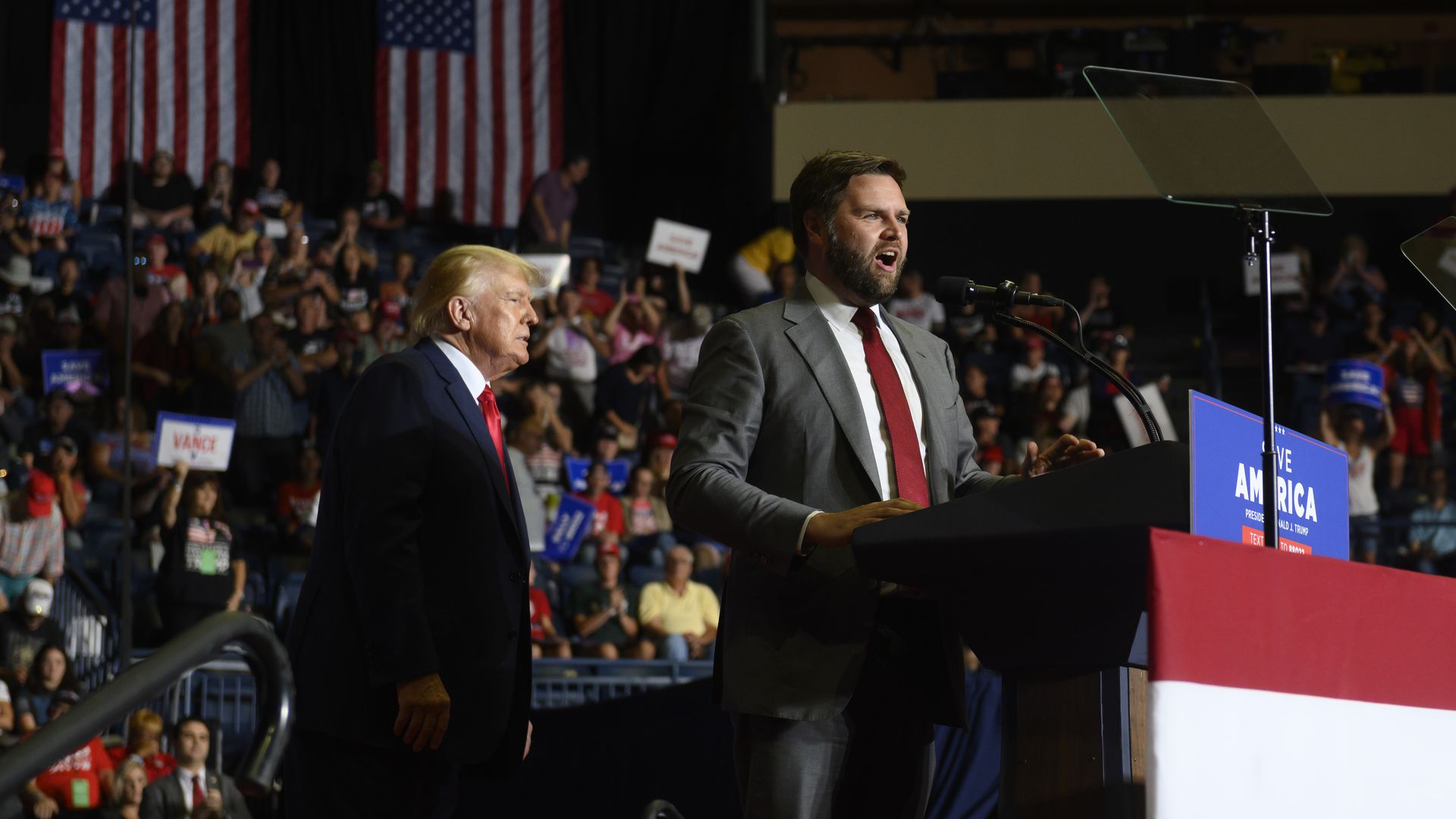 Former President Trump and J.D. Vance on stage at a Youngstown, Ohio rally. 