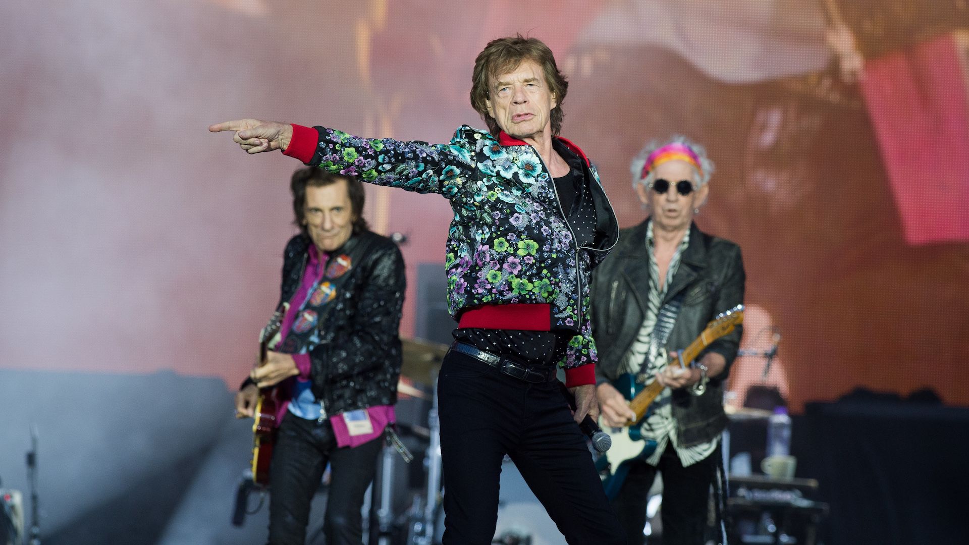 The Rolling Stones perform on stage. 