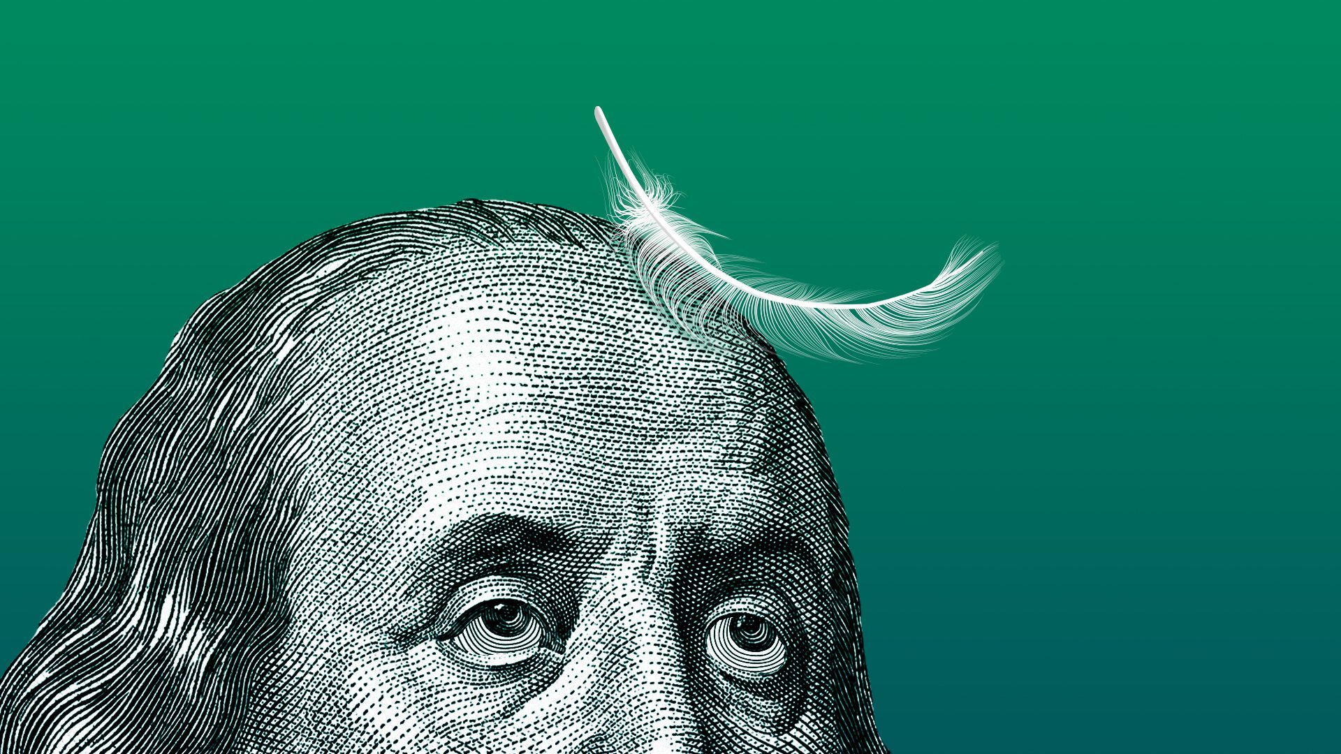 Illustration of a feather landing on Benjamin Franklin's head.